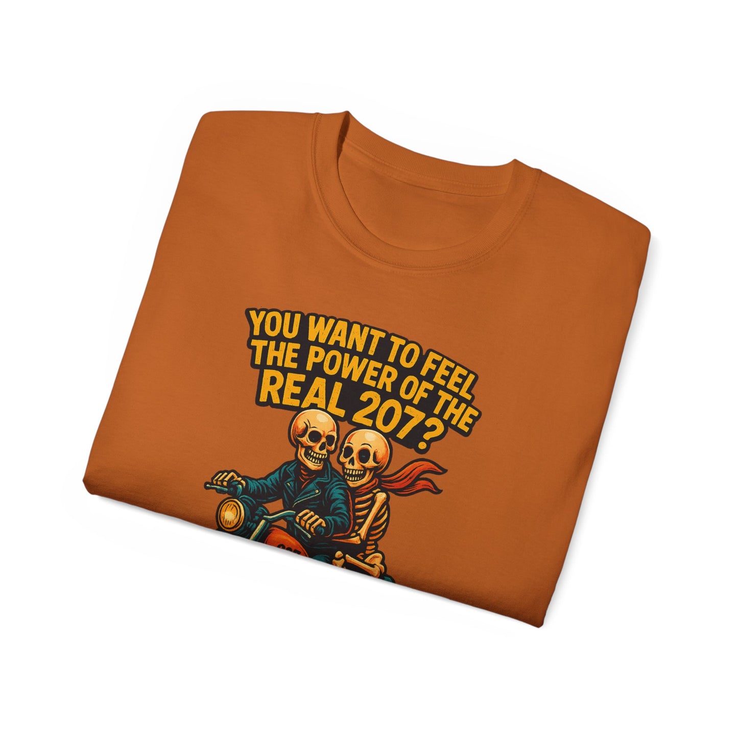 Unisex Motorcycle Theme Tee - Feel the Power Tee, Casual T-Shirt, Halloween Costume Top, Biker Gift, Fun Skull Shirt