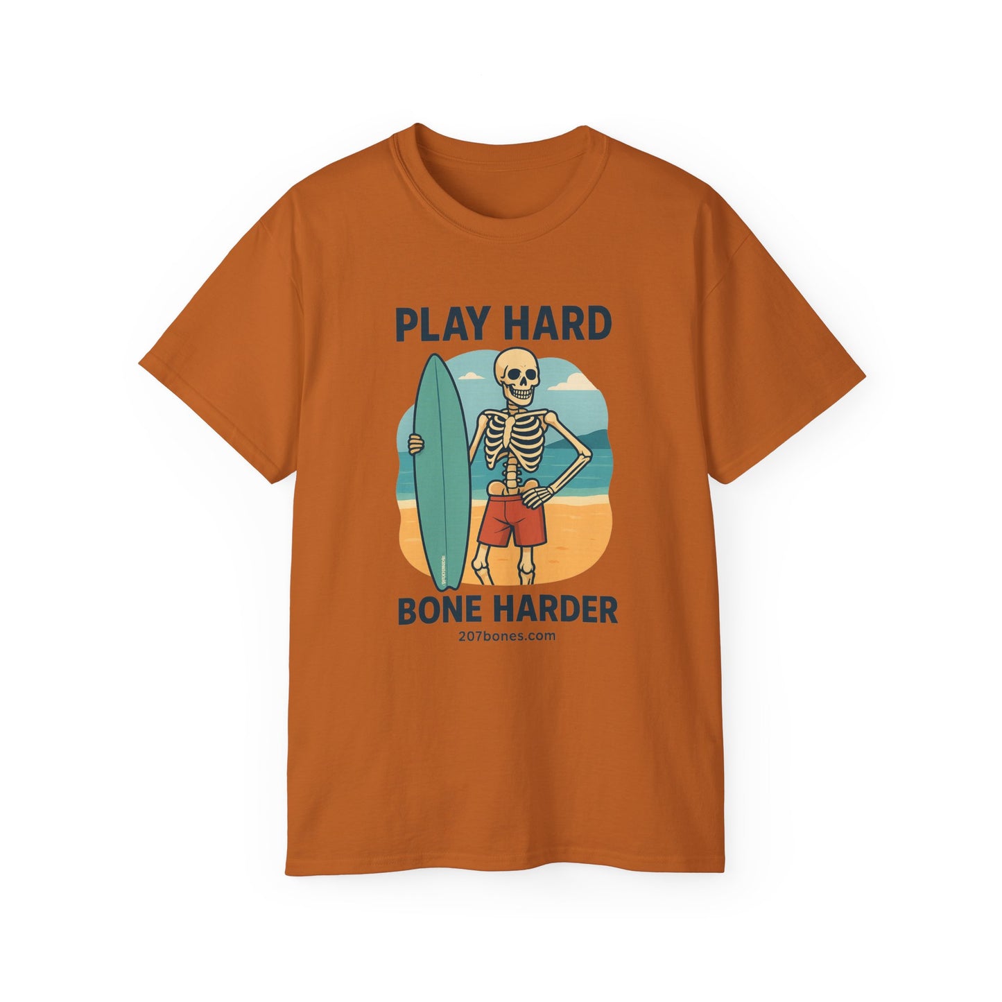 Play Hard Bone Harder Tee, Fun Skeleton Shirt, Summer Vibes Tee, Beach Lover Gift, Halloween Party Tee, Casual Everyday Wear
