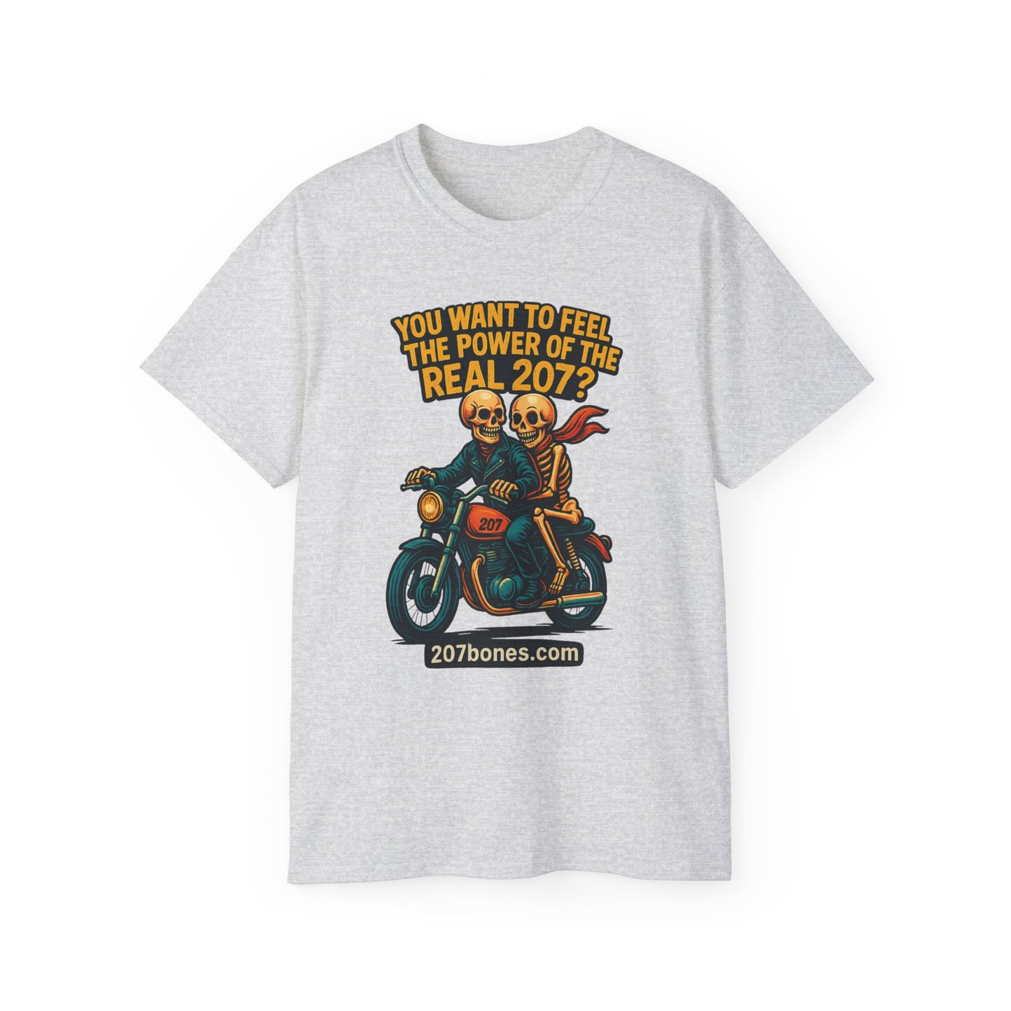 Unisex Motorcycle Theme Tee - Feel the Power Tee, Casual T-Shirt, Halloween Costume Top, Biker Gift, Fun Skull Shirt