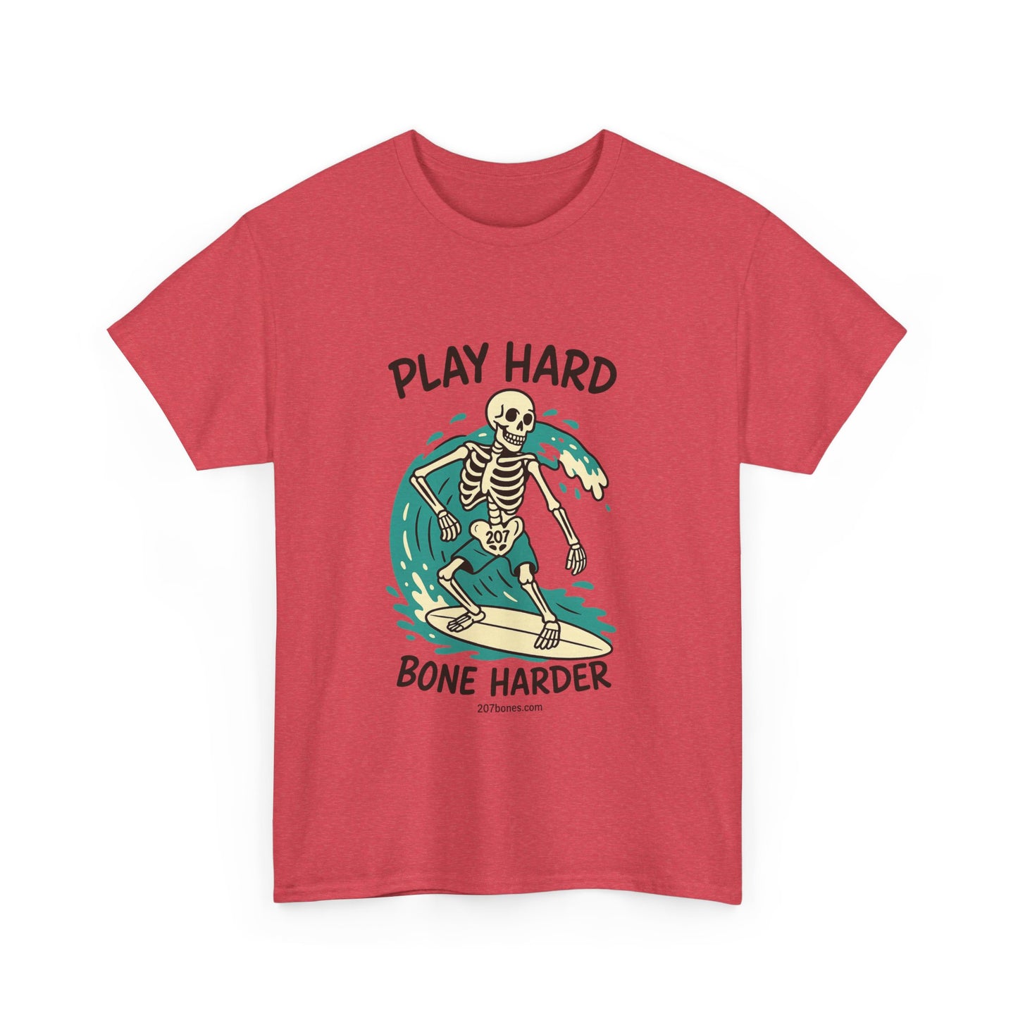 Play Hard Bone Harder Tee | Unisex Cotton T-Shirt, Fun Skeleton Graphic, Casual Wear, Perfect Gift for Halloween, Surf Lovers, Summer Vibe