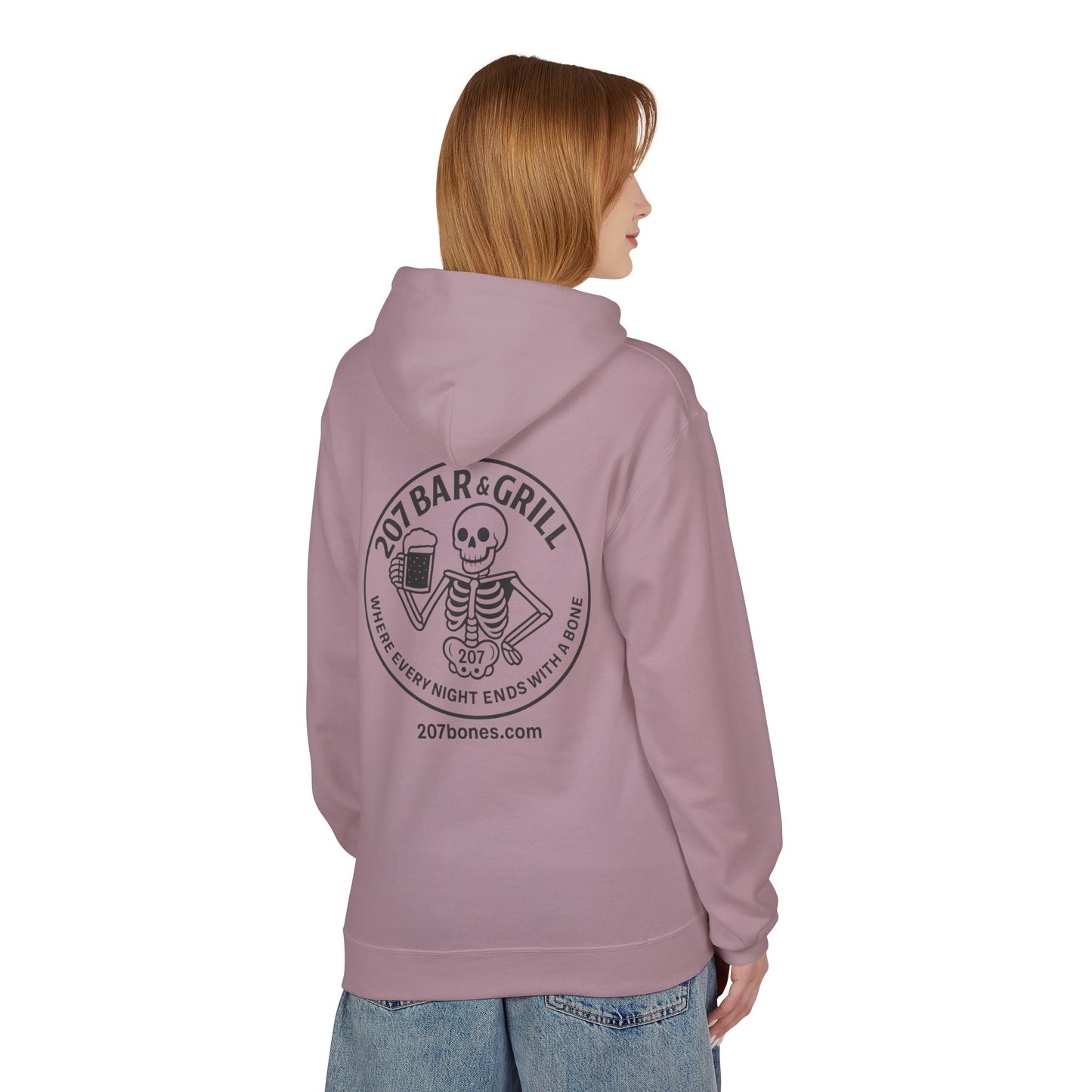 207 Bar & Grill Skeleton Hoodie, Softstyle Midweight Fleece, Unisex Pullover, Fun Gift for Halloween, Cozy Lounge Wear