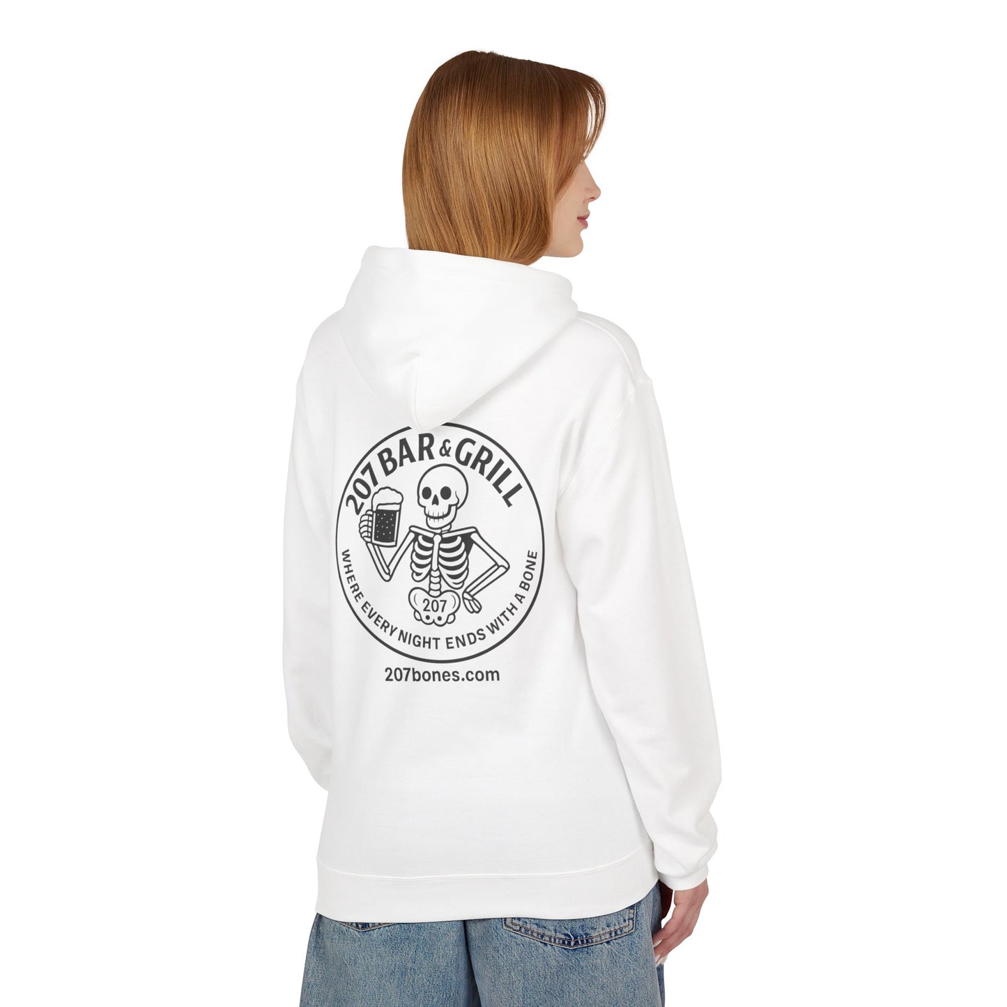 207 Bar & Grill Skeleton Hoodie, Softstyle Midweight Fleece, Unisex Pullover, Fun Gift for Halloween, Cozy Lounge Wear