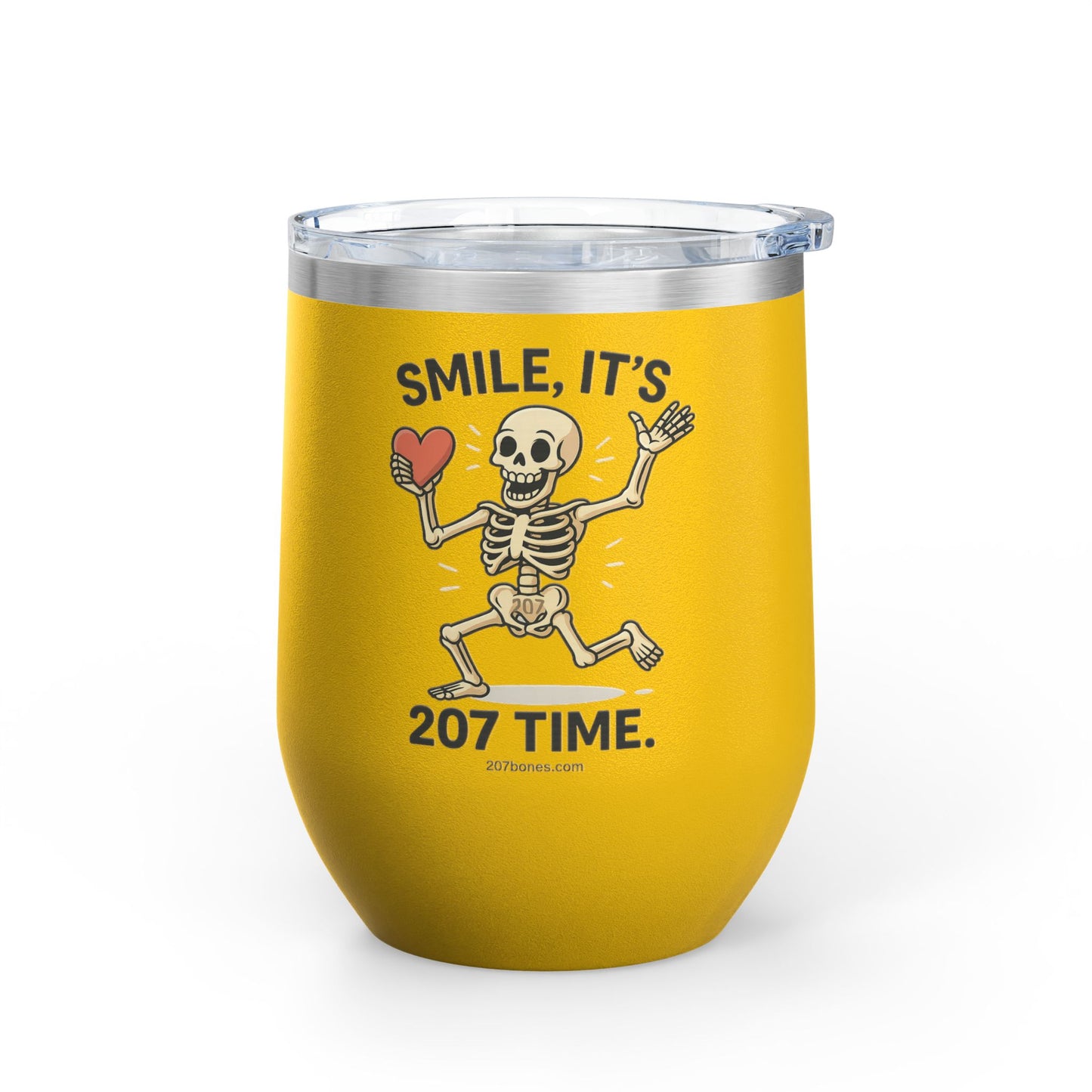 Quirky Wine Tumbler - Smile It's 207 Time, Fun Drinkware, Skeleton Mug, Party Accessory, Gift for Wine Lovers, Halloween Decor