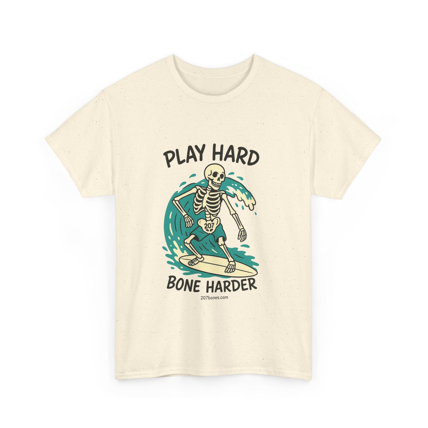 Play Hard Bone Harder Tee | Unisex Cotton T-Shirt, Fun Skeleton Graphic, Casual Wear, Perfect Gift for Halloween, Surf Lovers, Summer Vibe