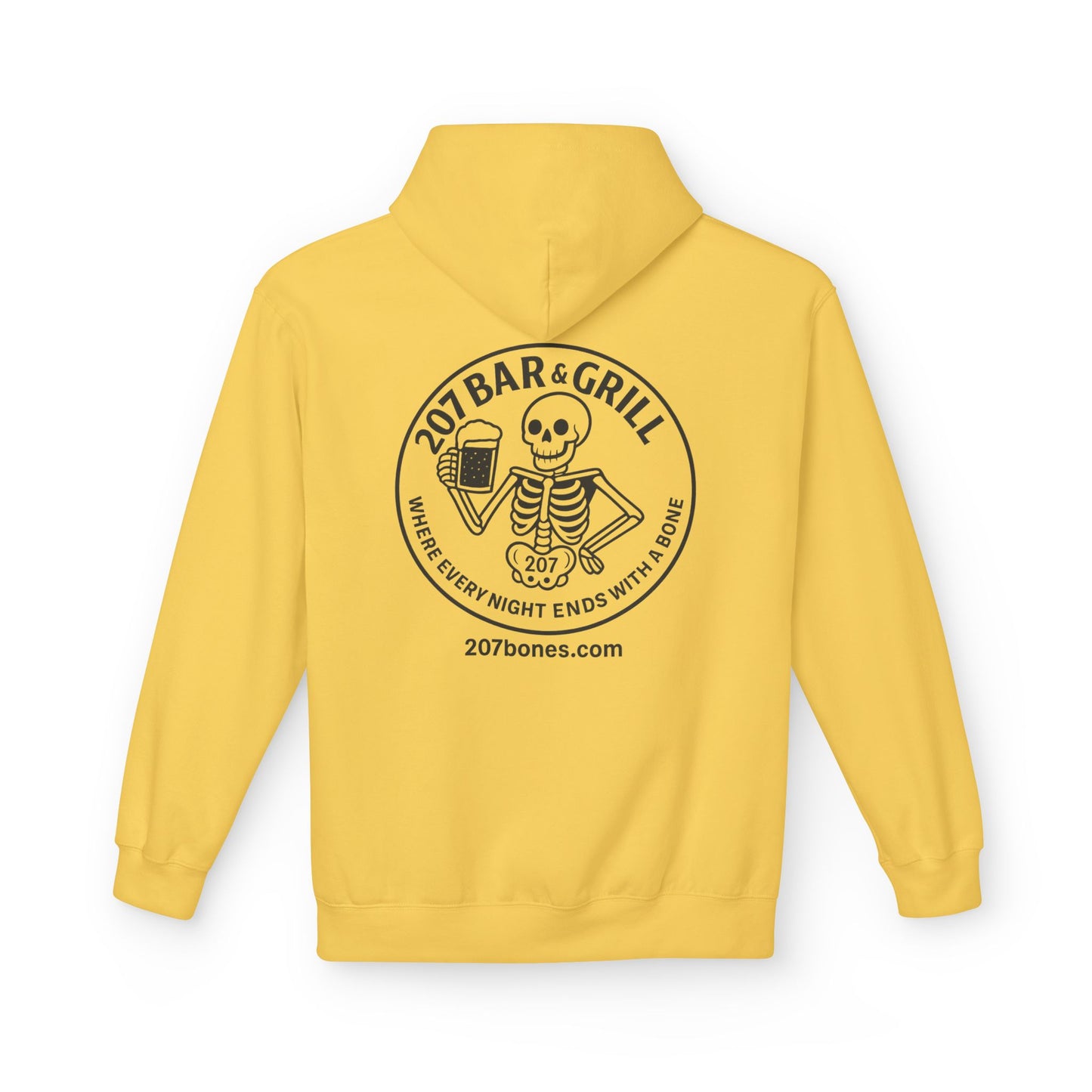 207 Bar & Grill Skeleton Hoodie, Softstyle Midweight Fleece, Unisex Pullover, Fun Gift for Halloween, Cozy Lounge Wear