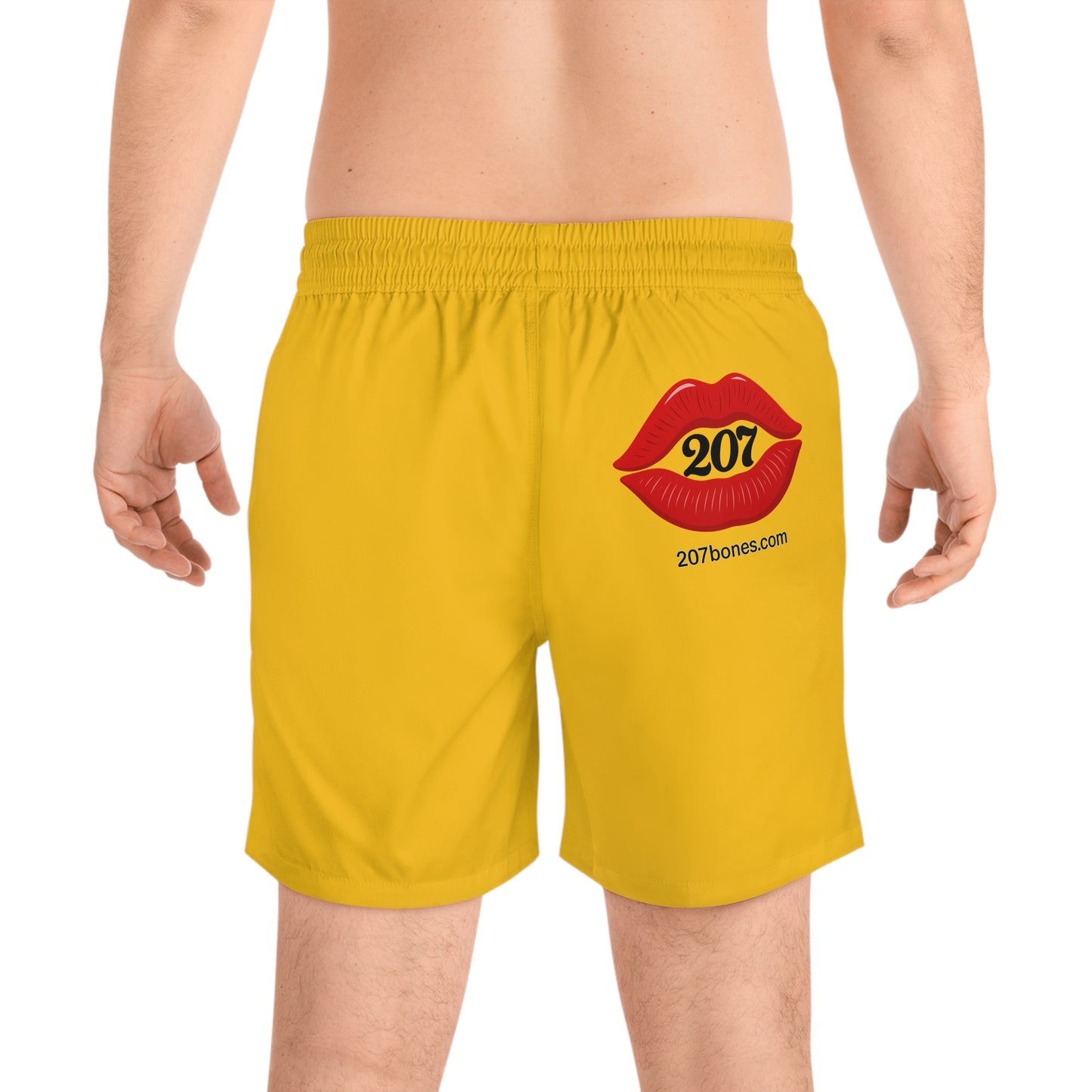 Bold Yellow Swim Shorts for Men with Fun Lip Design, Beachwear, Summer Essentials, Pool Party, Vacation Swimwear, Gift for Him