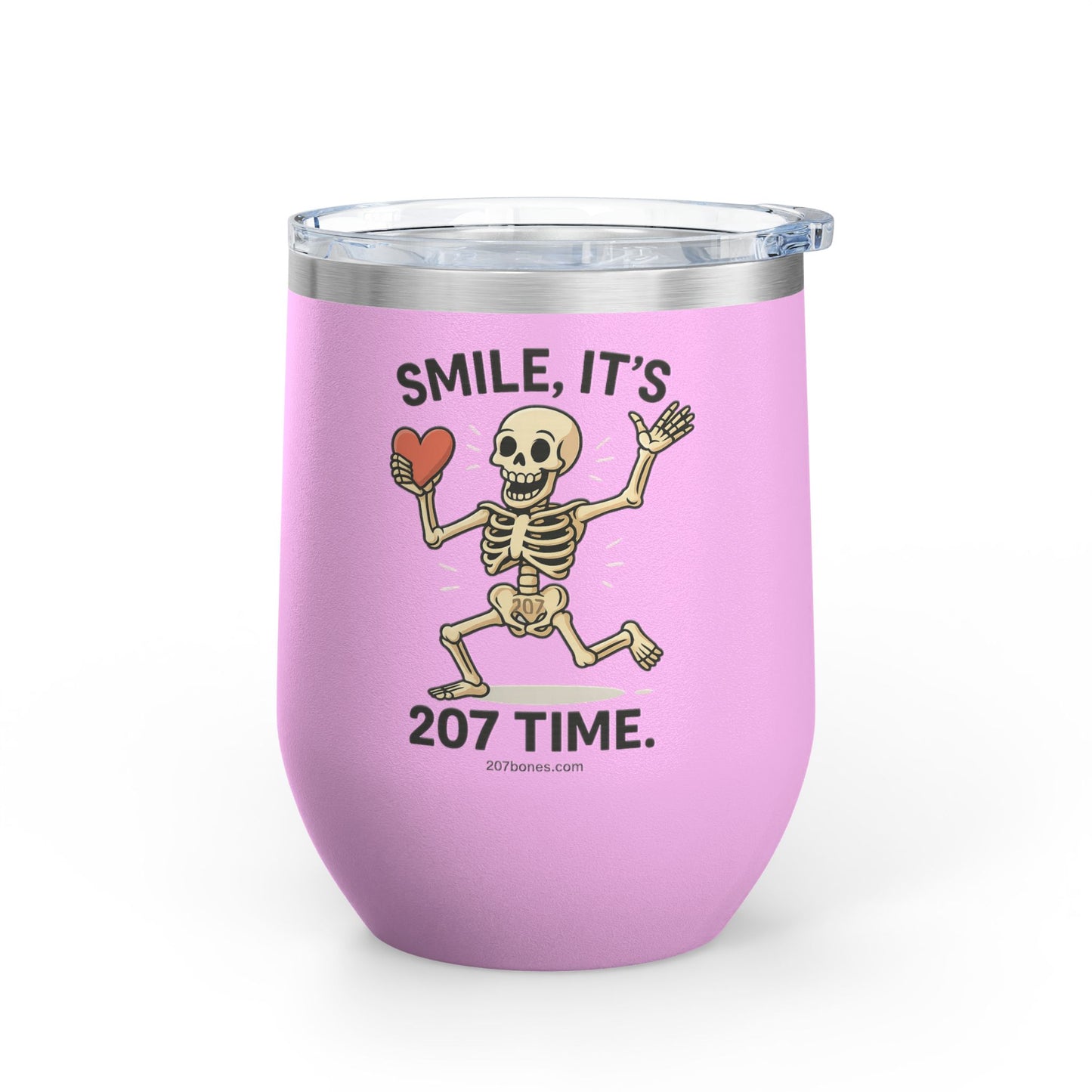 Quirky Wine Tumbler - Smile It's 207 Time, Fun Drinkware, Skeleton Mug, Party Accessory, Gift for Wine Lovers, Halloween Decor