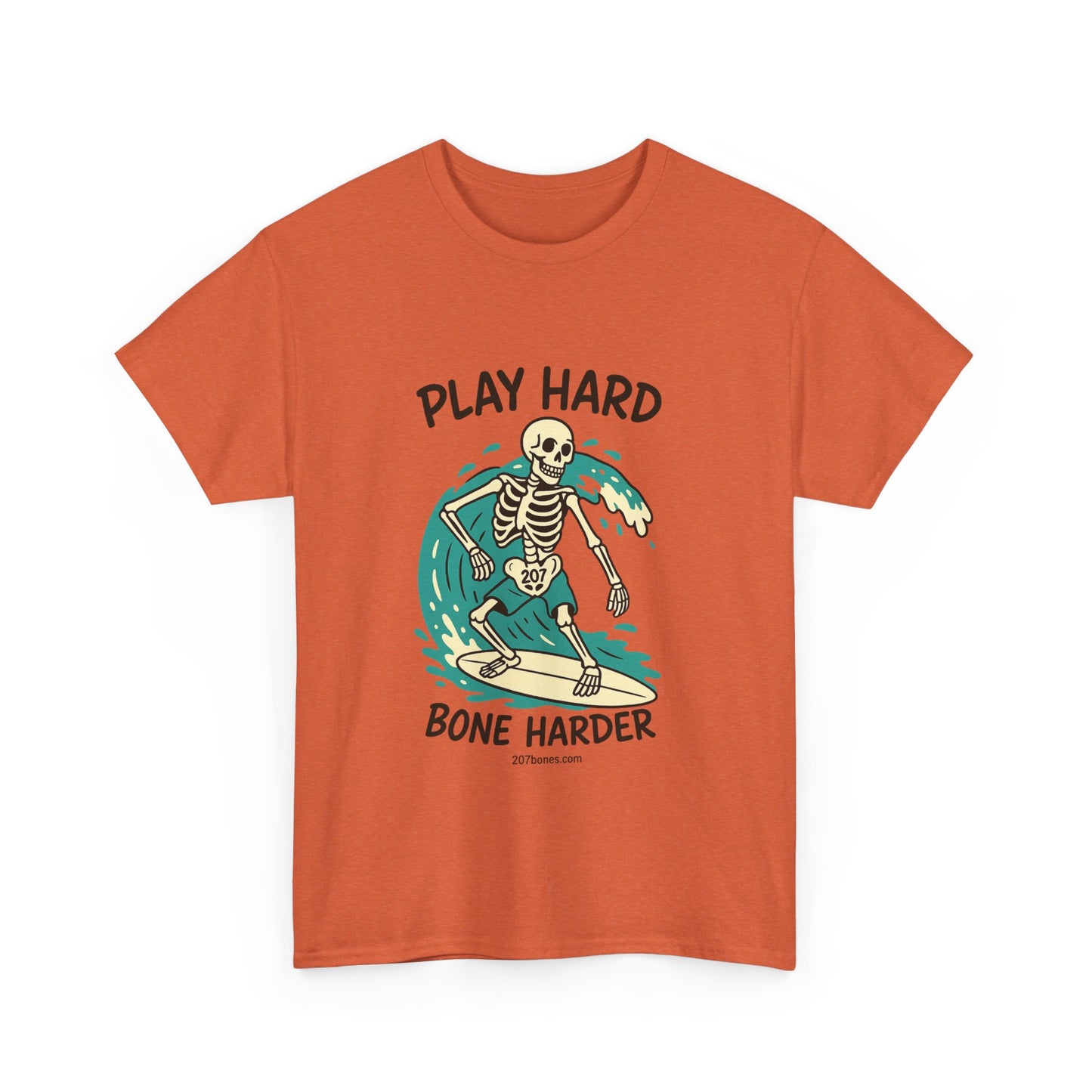 Play Hard Bone Harder Tee | Unisex Cotton T-Shirt, Fun Skeleton Graphic, Casual Wear, Perfect Gift for Halloween, Surf Lovers, Summer Vibe