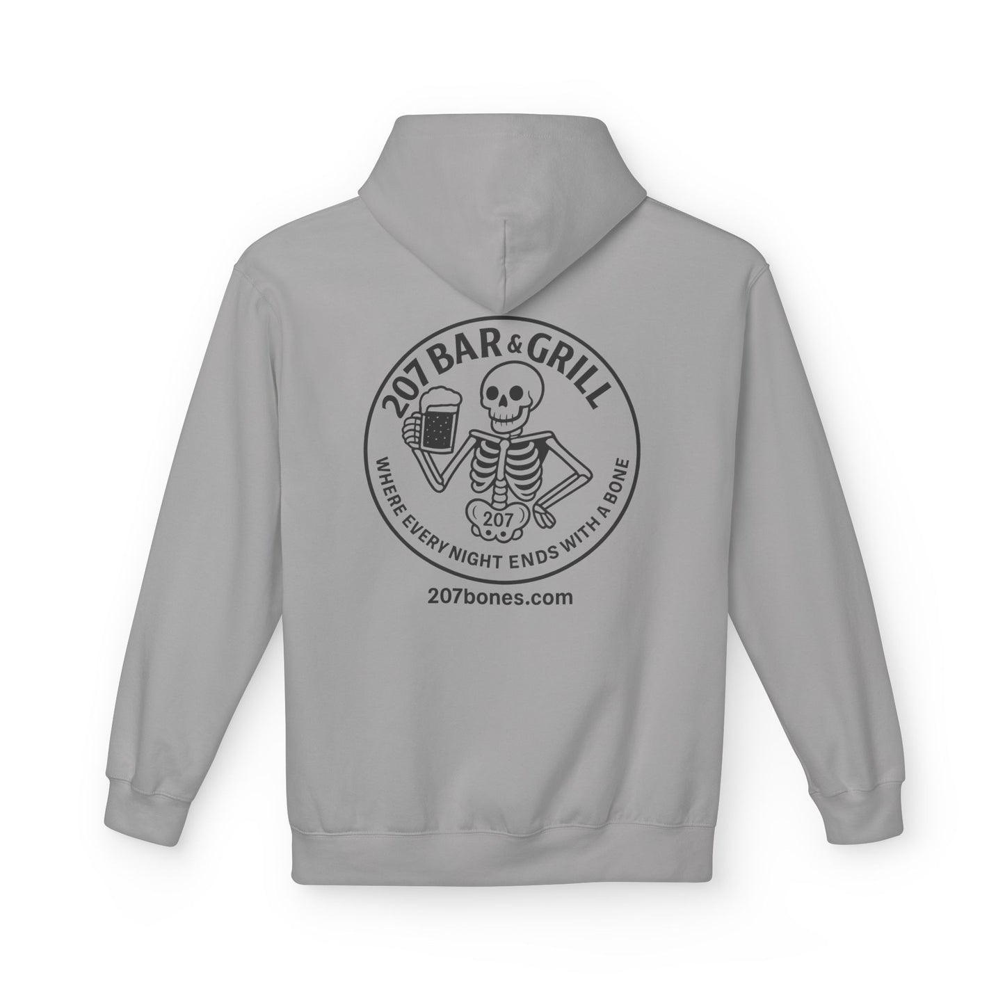 207 Bar & Grill Skeleton Hoodie, Softstyle Midweight Fleece, Unisex Pullover, Fun Gift for Halloween, Cozy Lounge Wear
