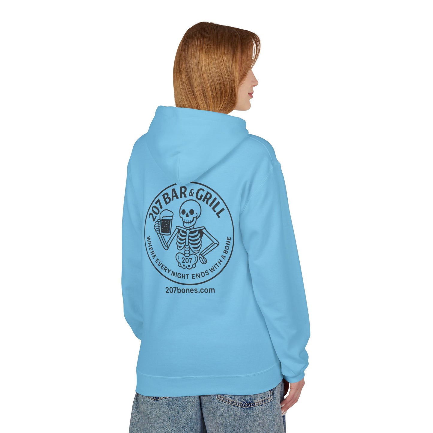 207 Bar & Grill Skeleton Hoodie, Softstyle Midweight Fleece, Unisex Pullover, Fun Gift for Halloween, Cozy Lounge Wear