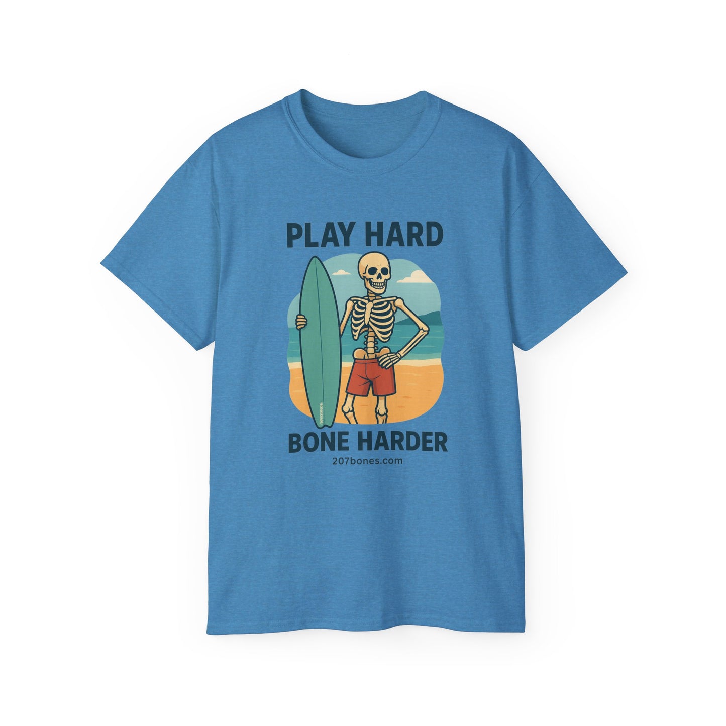 Play Hard Bone Harder Tee, Fun Skeleton Shirt, Summer Vibes Tee, Beach Lover Gift, Halloween Party Tee, Casual Everyday Wear