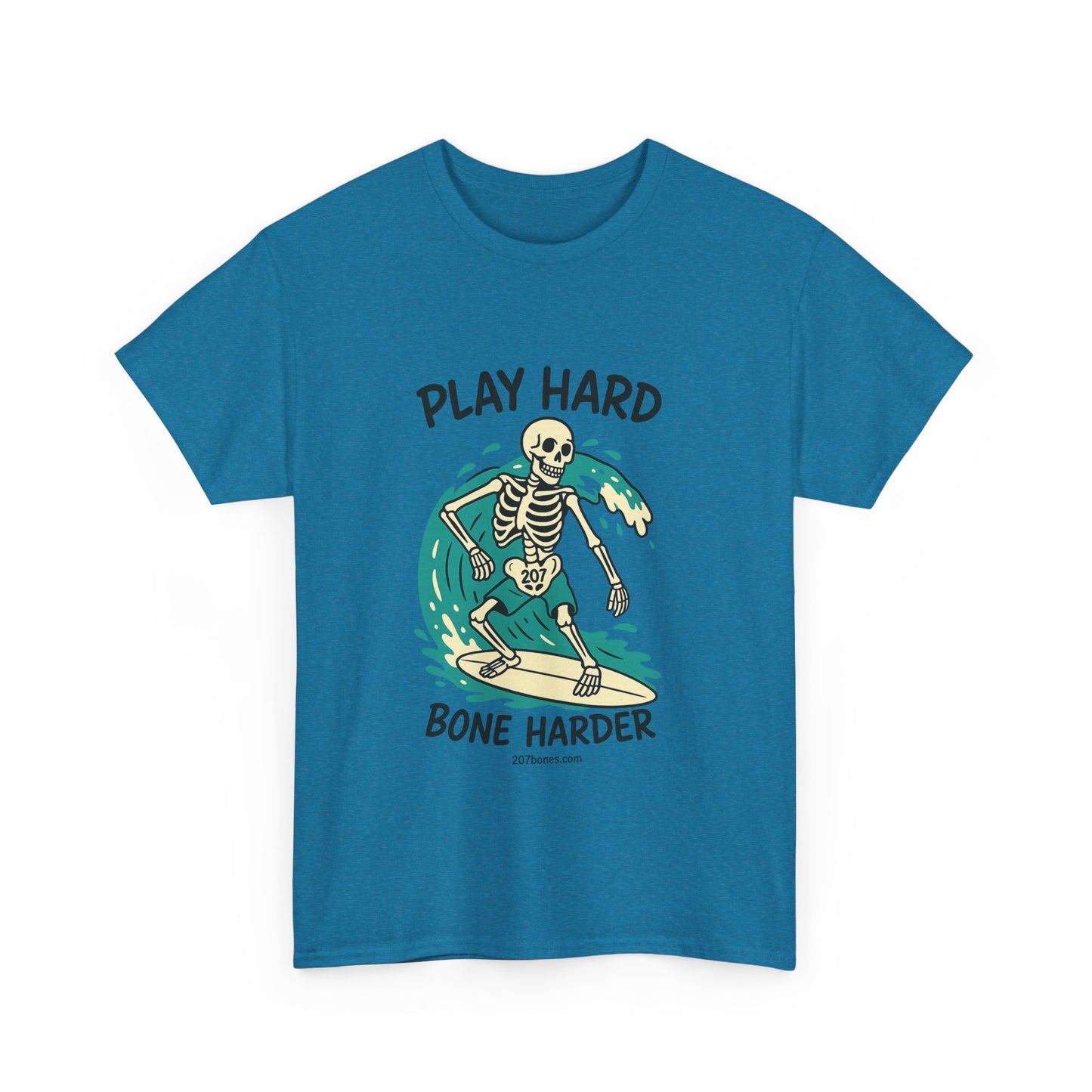 Play Hard Bone Harder Tee | Unisex Cotton T-Shirt, Fun Skeleton Graphic, Casual Wear, Perfect Gift for Halloween, Surf Lovers, Summer Vibe