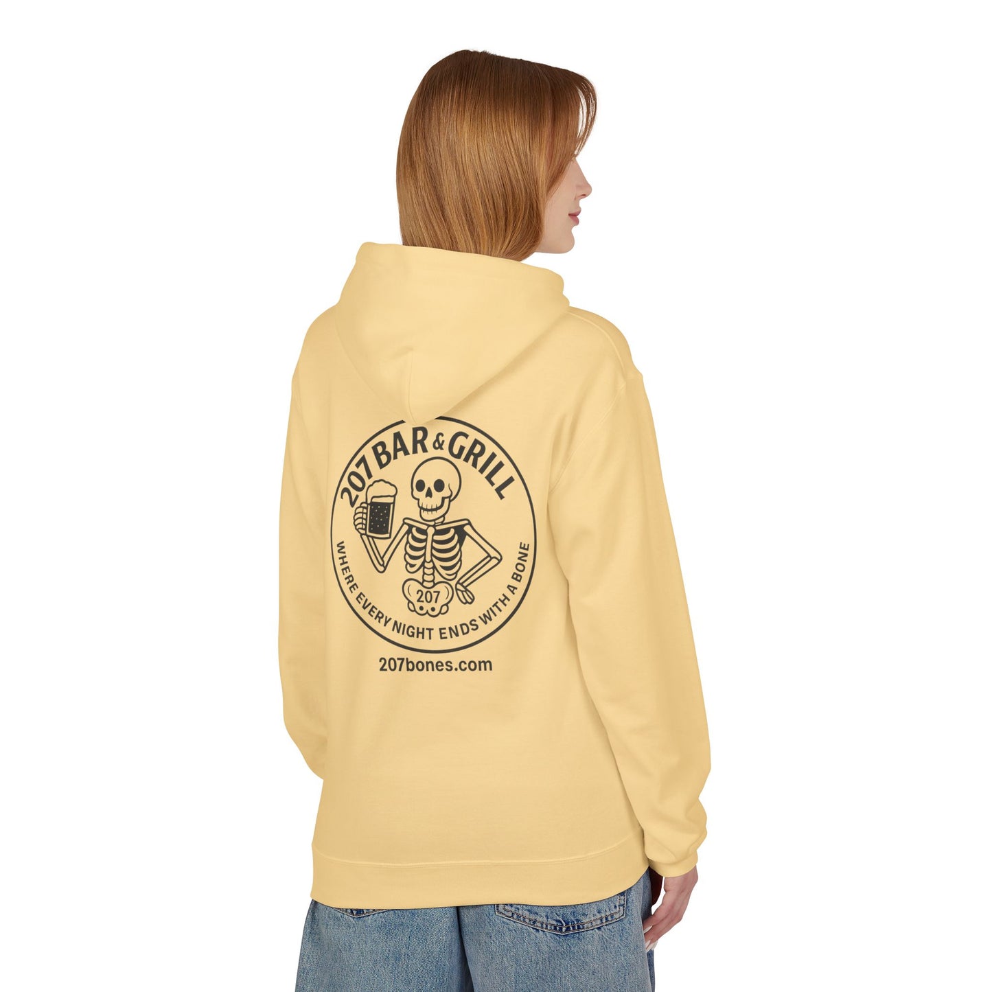 207 Bar & Grill Skeleton Hoodie, Softstyle Midweight Fleece, Unisex Pullover, Fun Gift for Halloween, Cozy Lounge Wear