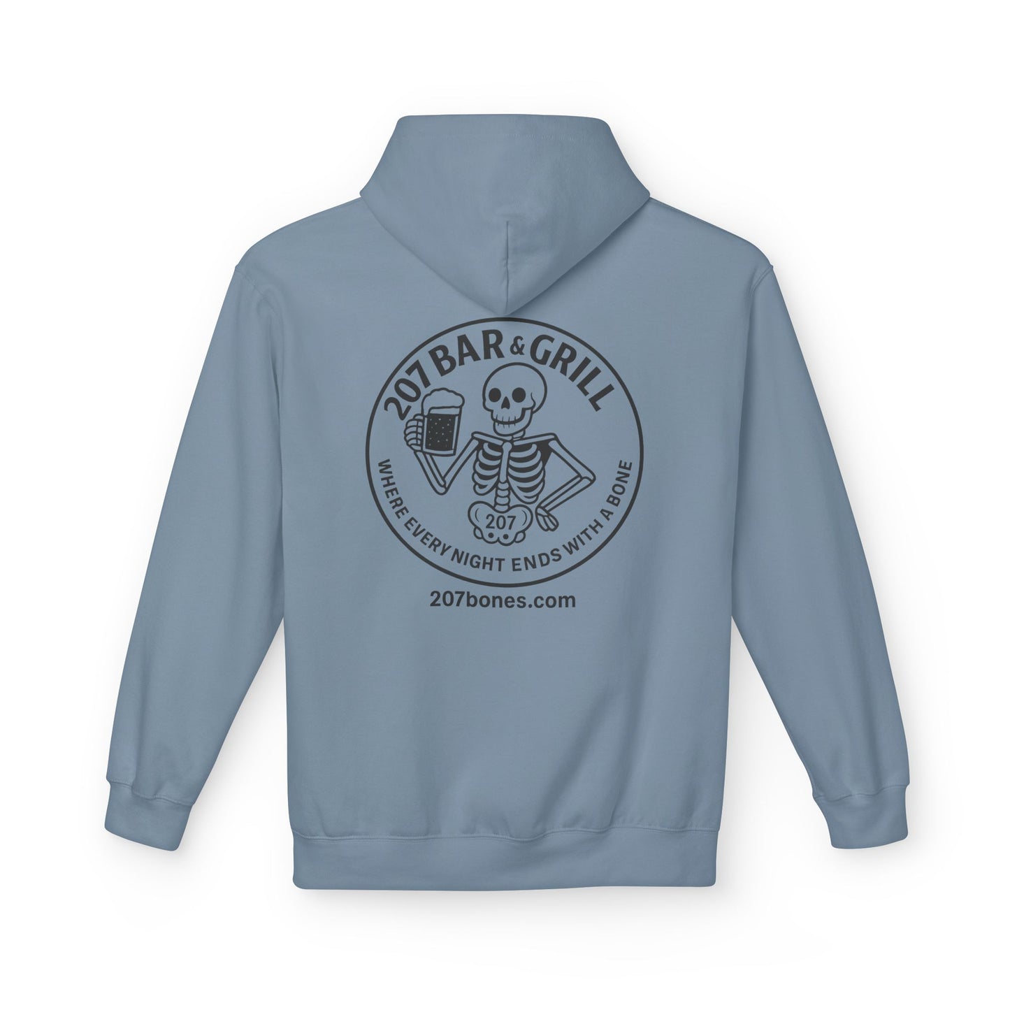 207 Bar & Grill Skeleton Hoodie, Softstyle Midweight Fleece, Unisex Pullover, Fun Gift for Halloween, Cozy Lounge Wear