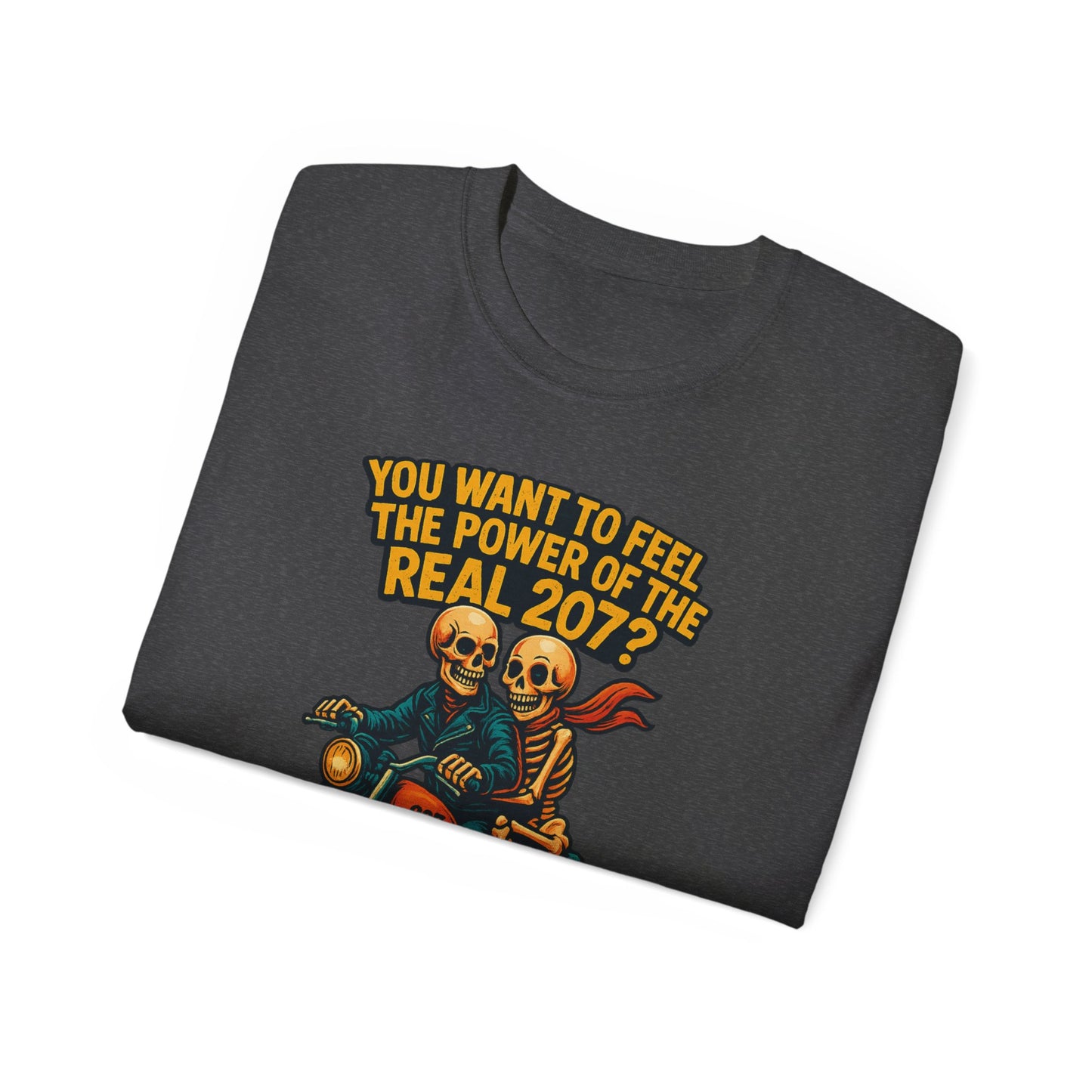 Unisex Motorcycle Theme Tee - Feel the Power Tee, Casual T-Shirt, Halloween Costume Top, Biker Gift, Fun Skull Shirt