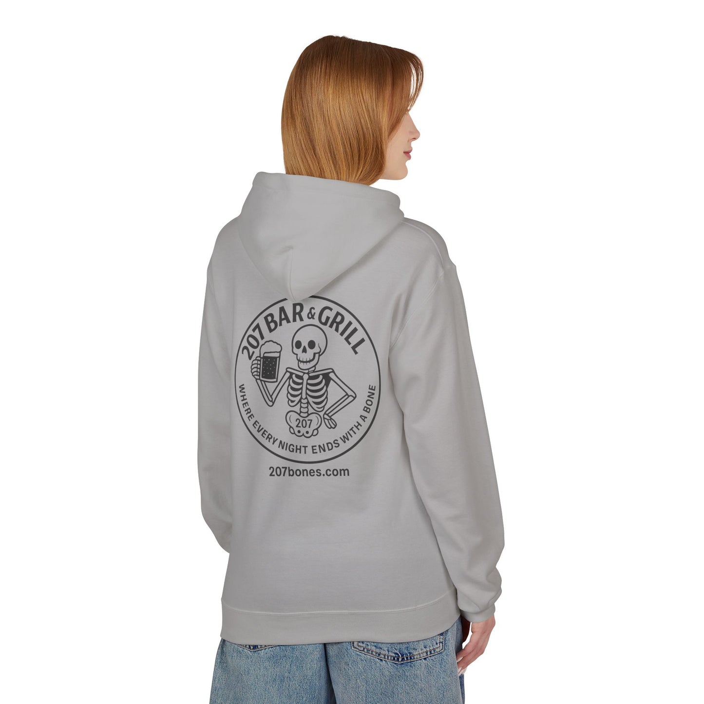 207 Bar & Grill Skeleton Hoodie, Softstyle Midweight Fleece, Unisex Pullover, Fun Gift for Halloween, Cozy Lounge Wear
