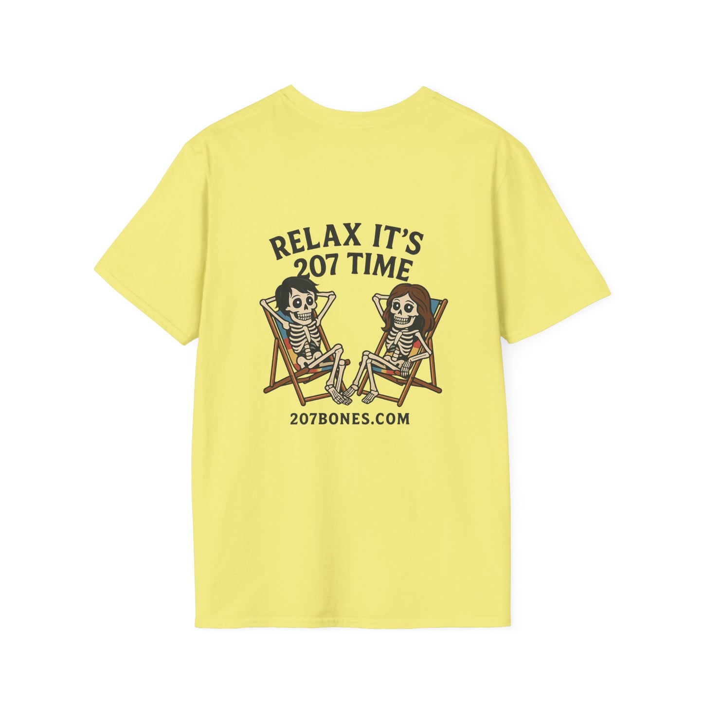 Chill Vibes Unisex T-Shirt - Relax It's 207 Time Design, Skeleton Tee, Casual Everyday Wear, Perfect for Halloween, Gift for Friends