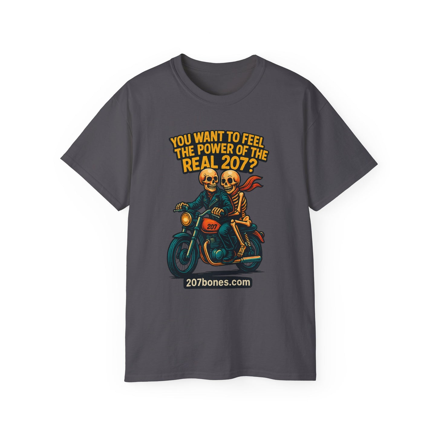 Unisex Motorcycle Theme Tee - Feel the Power Tee, Casual T-Shirt, Halloween Costume Top, Biker Gift, Fun Skull Shirt