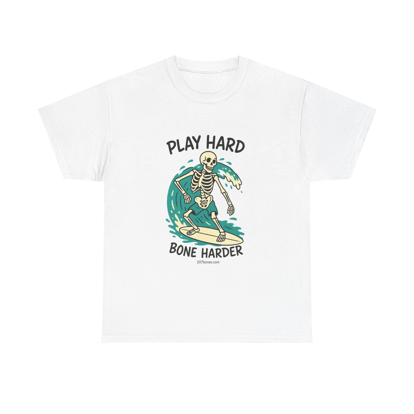 Play Hard Bone Harder Tee | Unisex Cotton T-Shirt, Fun Skeleton Graphic, Casual Wear, Perfect Gift for Halloween, Surf Lovers, Summer Vibe