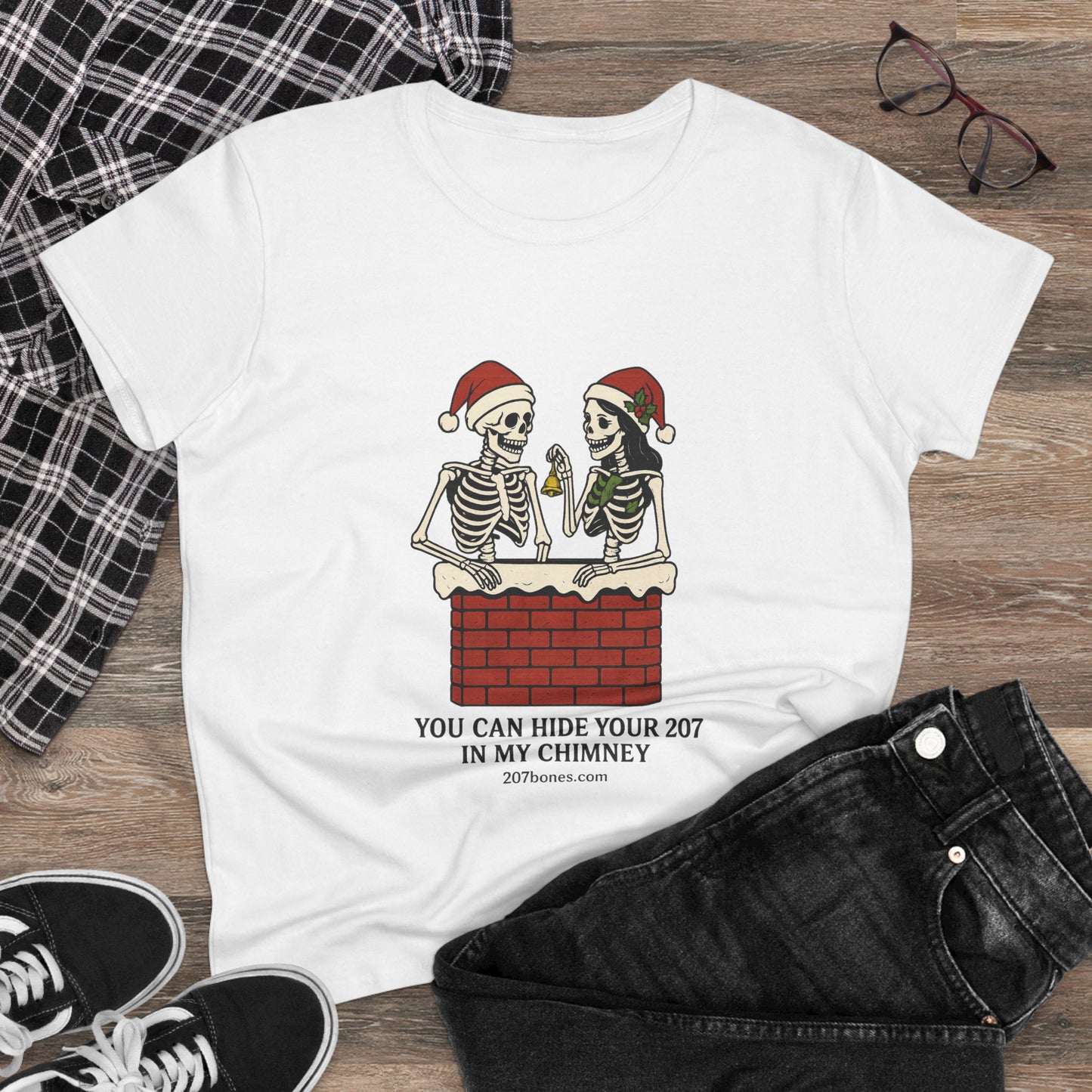 Funny Skeleton Christmas Tee, Holiday Graphic Shirt, Skeleton Shirt, Women's Christmas Top, Quirky Festive Apparel