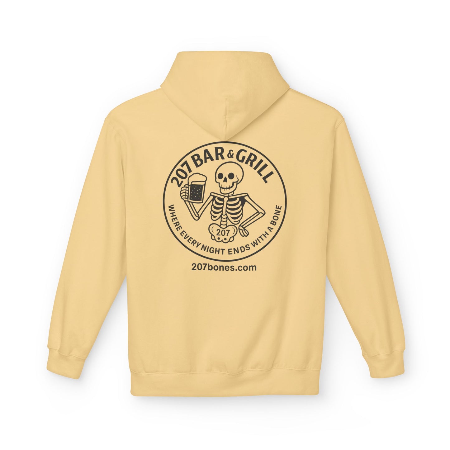 207 Bar & Grill Skeleton Hoodie, Softstyle Midweight Fleece, Unisex Pullover, Fun Gift for Halloween, Cozy Lounge Wear