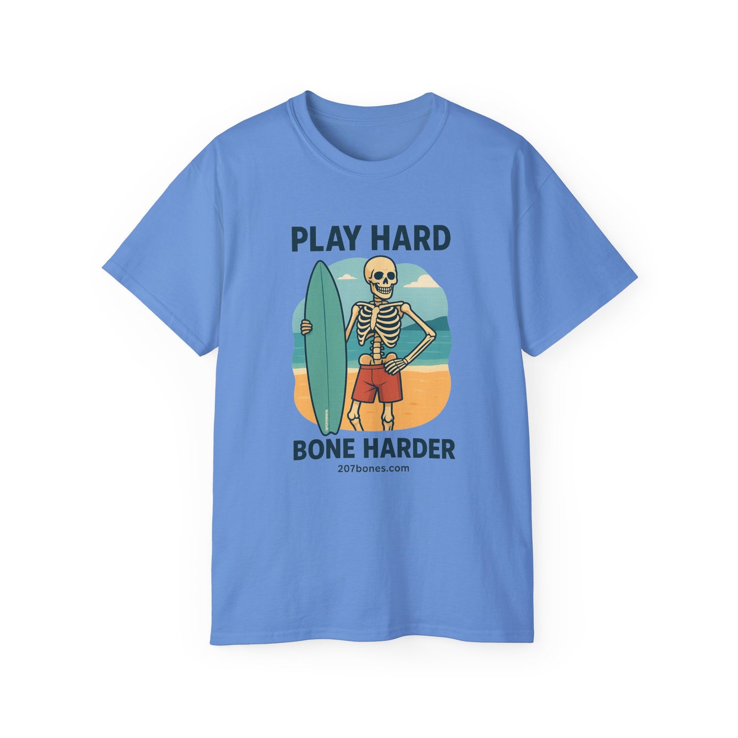 Play Hard Bone Harder Tee, Fun Skeleton Shirt, Summer Vibes Tee, Beach Lover Gift, Halloween Party Tee, Casual Everyday Wear