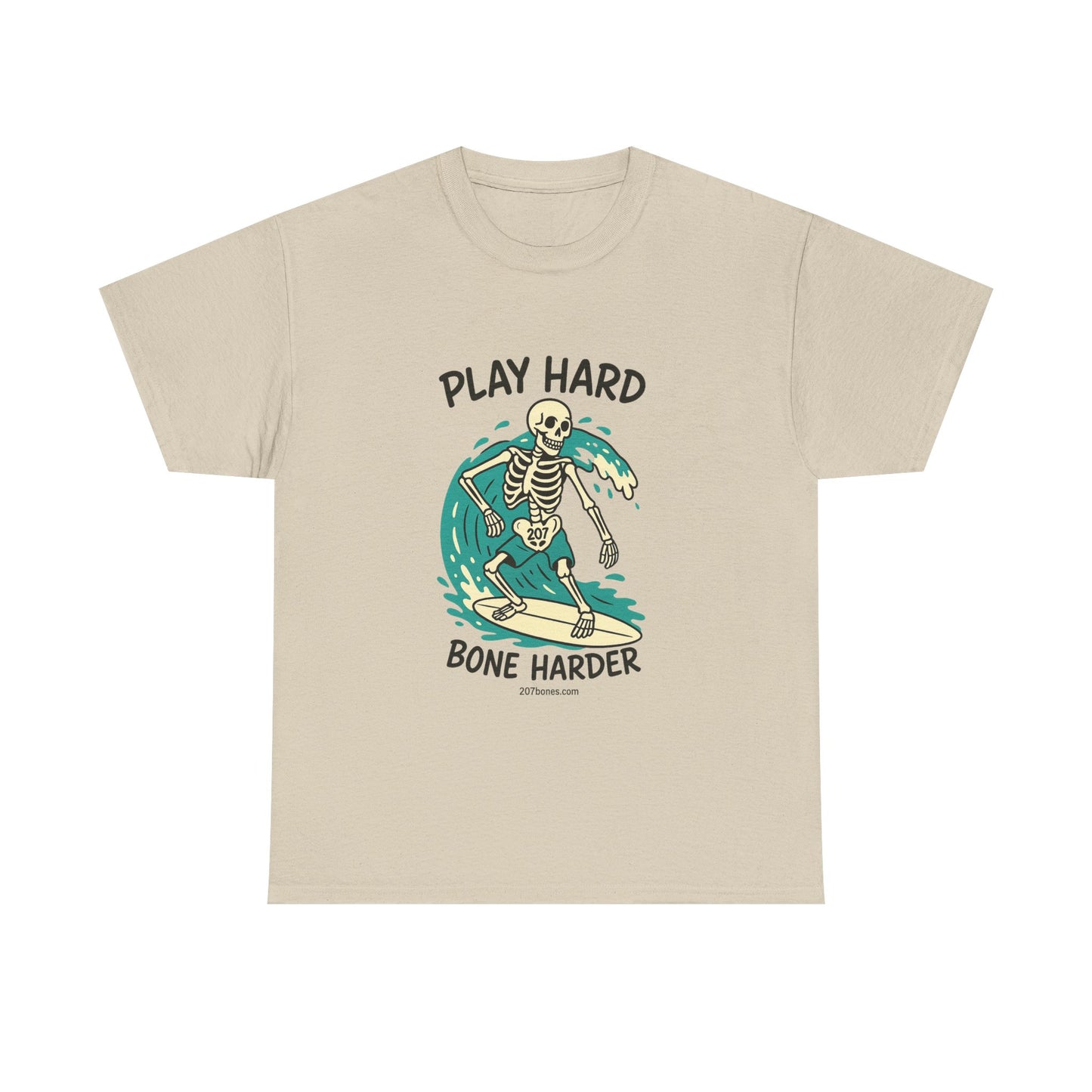 Play Hard Bone Harder Tee | Unisex Cotton T-Shirt, Fun Skeleton Graphic, Casual Wear, Perfect Gift for Halloween, Surf Lovers, Summer Vibe