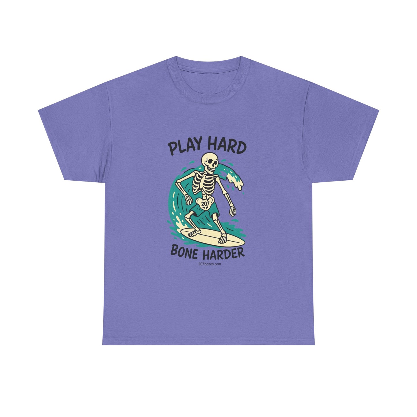 Play Hard Bone Harder Tee | Unisex Cotton T-Shirt, Fun Skeleton Graphic, Casual Wear, Perfect Gift for Halloween, Surf Lovers, Summer Vibe
