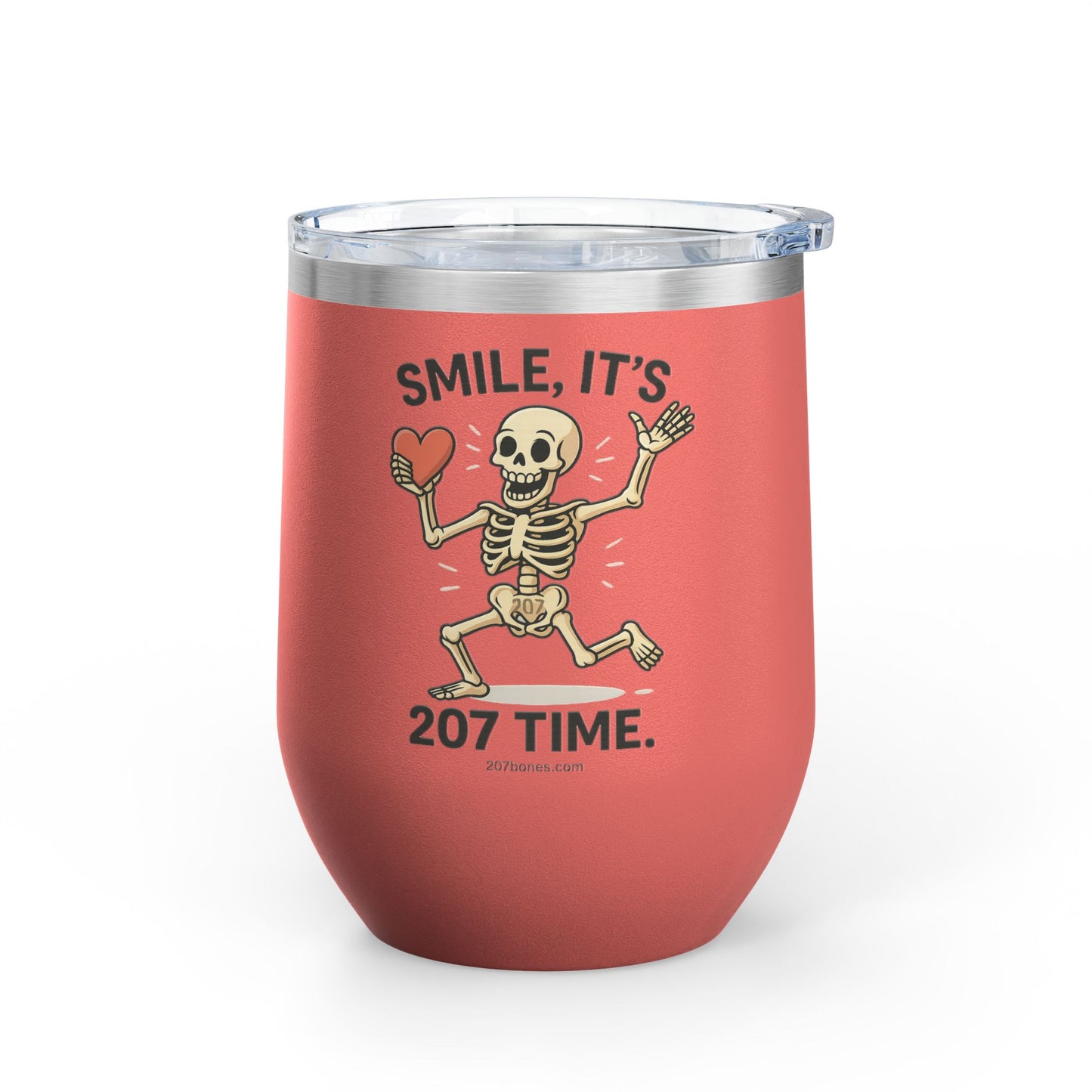 Quirky Wine Tumbler - Smile It's 207 Time, Fun Drinkware, Skeleton Mug, Party Accessory, Gift for Wine Lovers, Halloween Decor