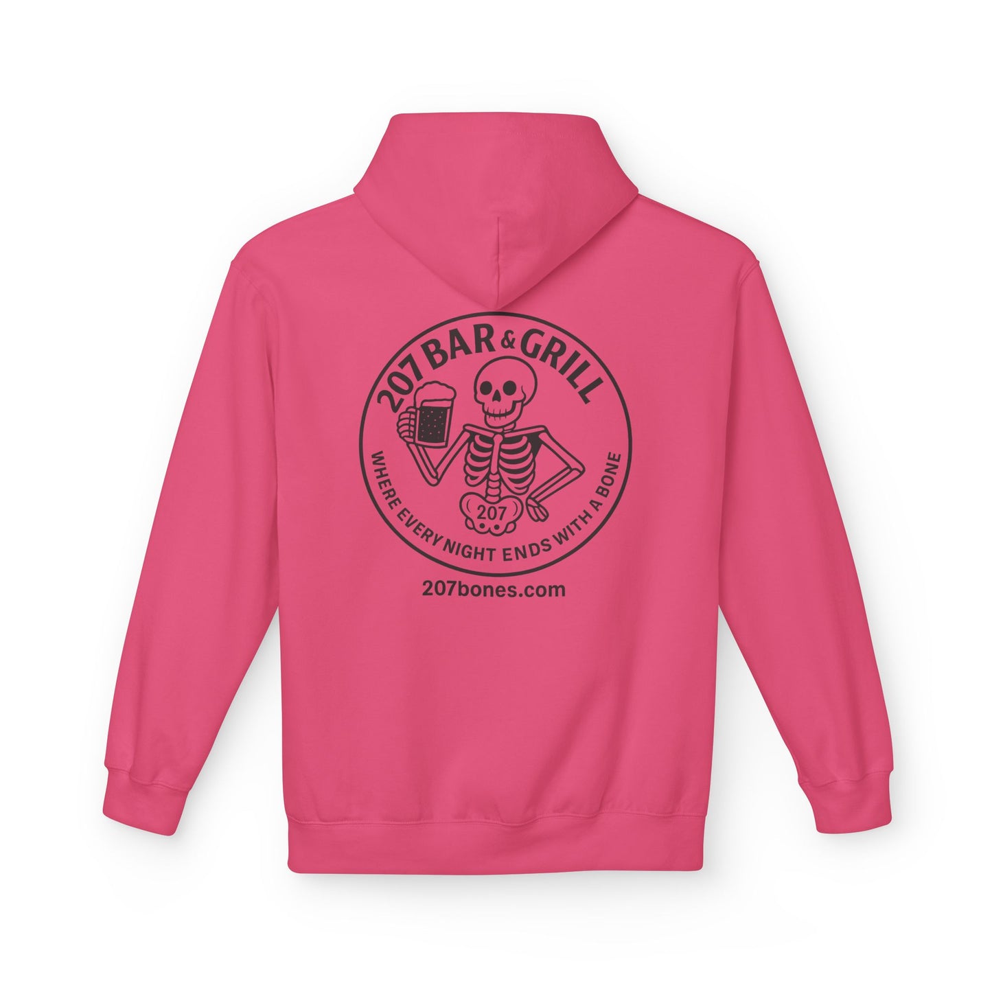 207 Bar & Grill Skeleton Hoodie, Softstyle Midweight Fleece, Unisex Pullover, Fun Gift for Halloween, Cozy Lounge Wear