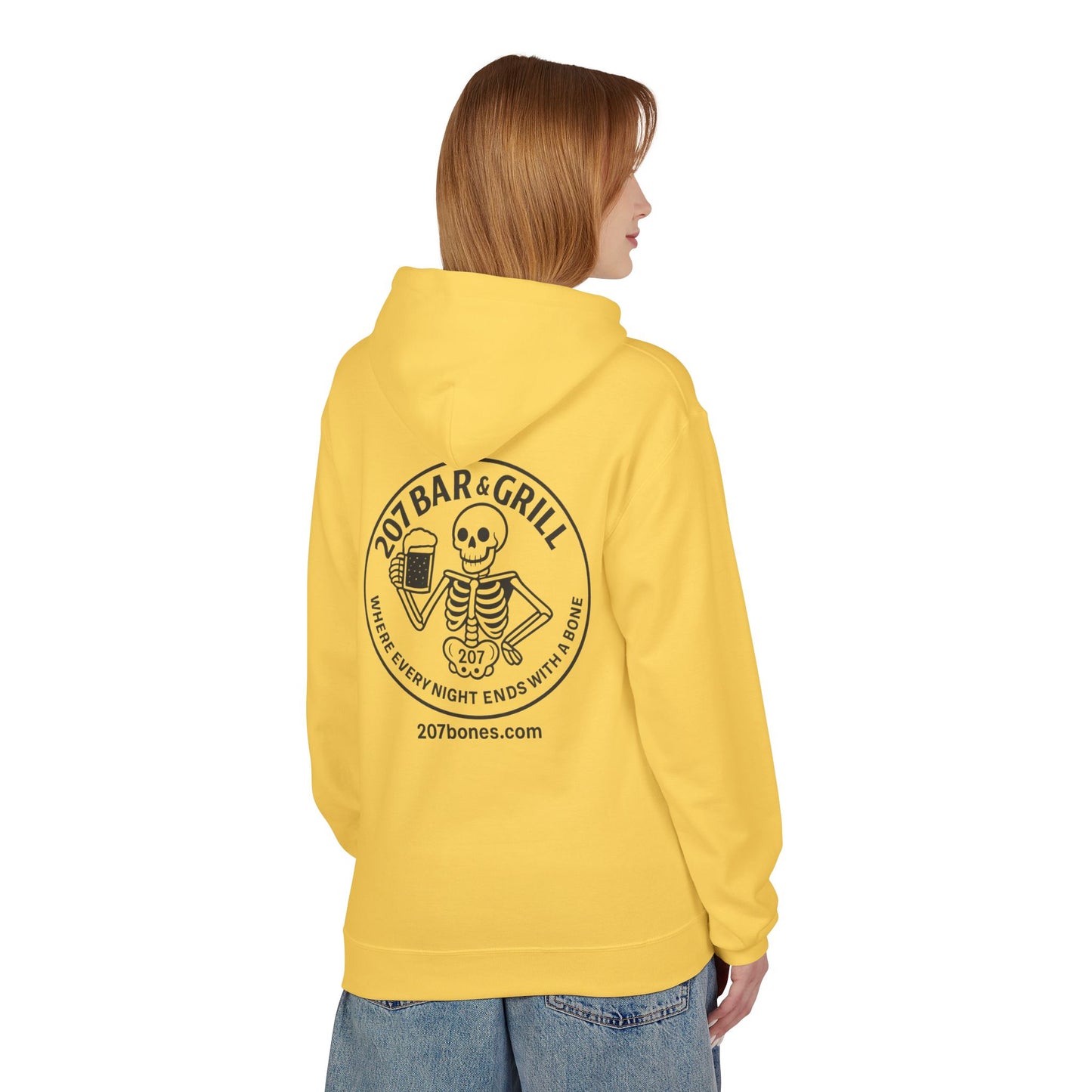 207 Bar & Grill Skeleton Hoodie, Softstyle Midweight Fleece, Unisex Pullover, Fun Gift for Halloween, Cozy Lounge Wear