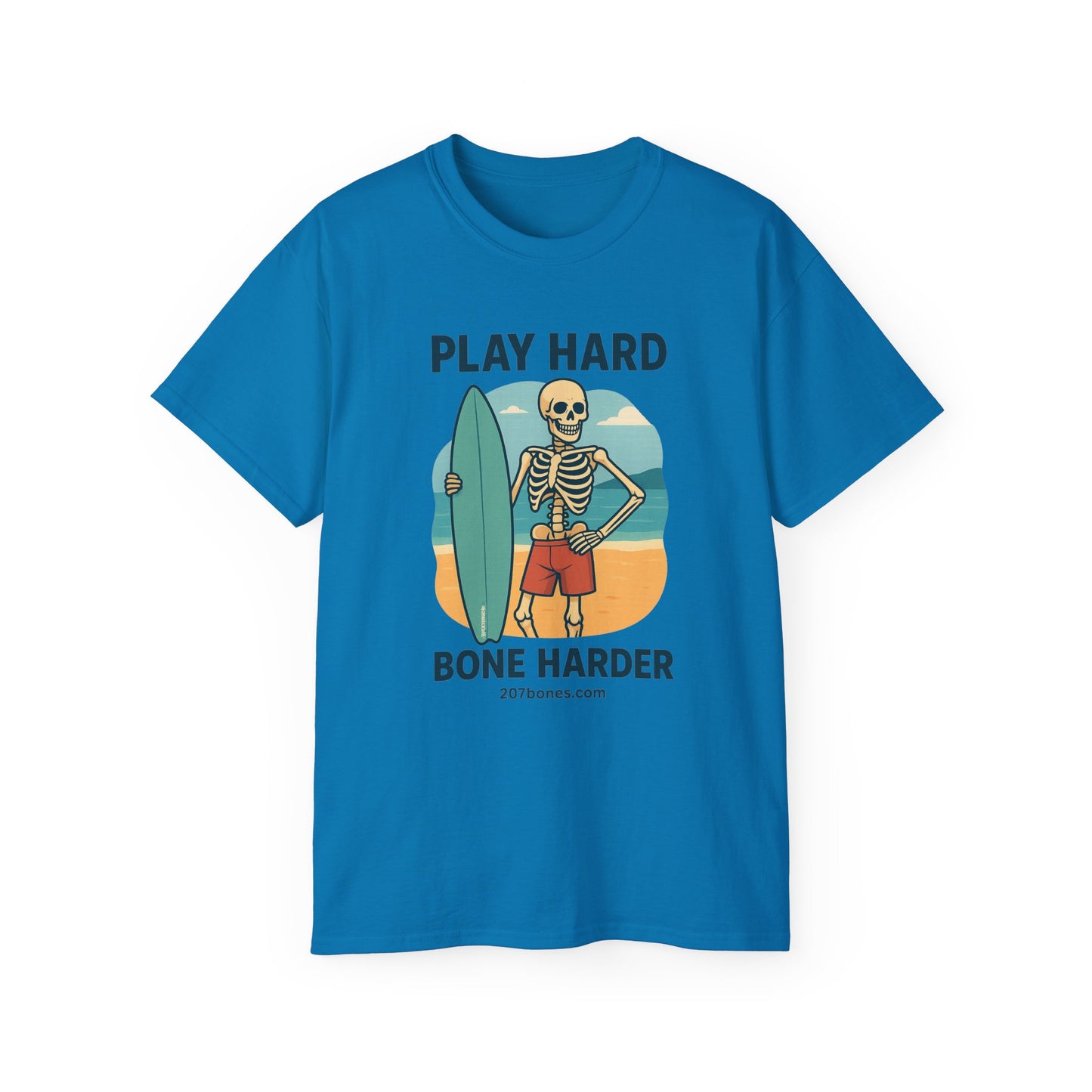 Play Hard Bone Harder Tee, Fun Skeleton Shirt, Summer Vibes Tee, Beach Lover Gift, Halloween Party Tee, Casual Everyday Wear