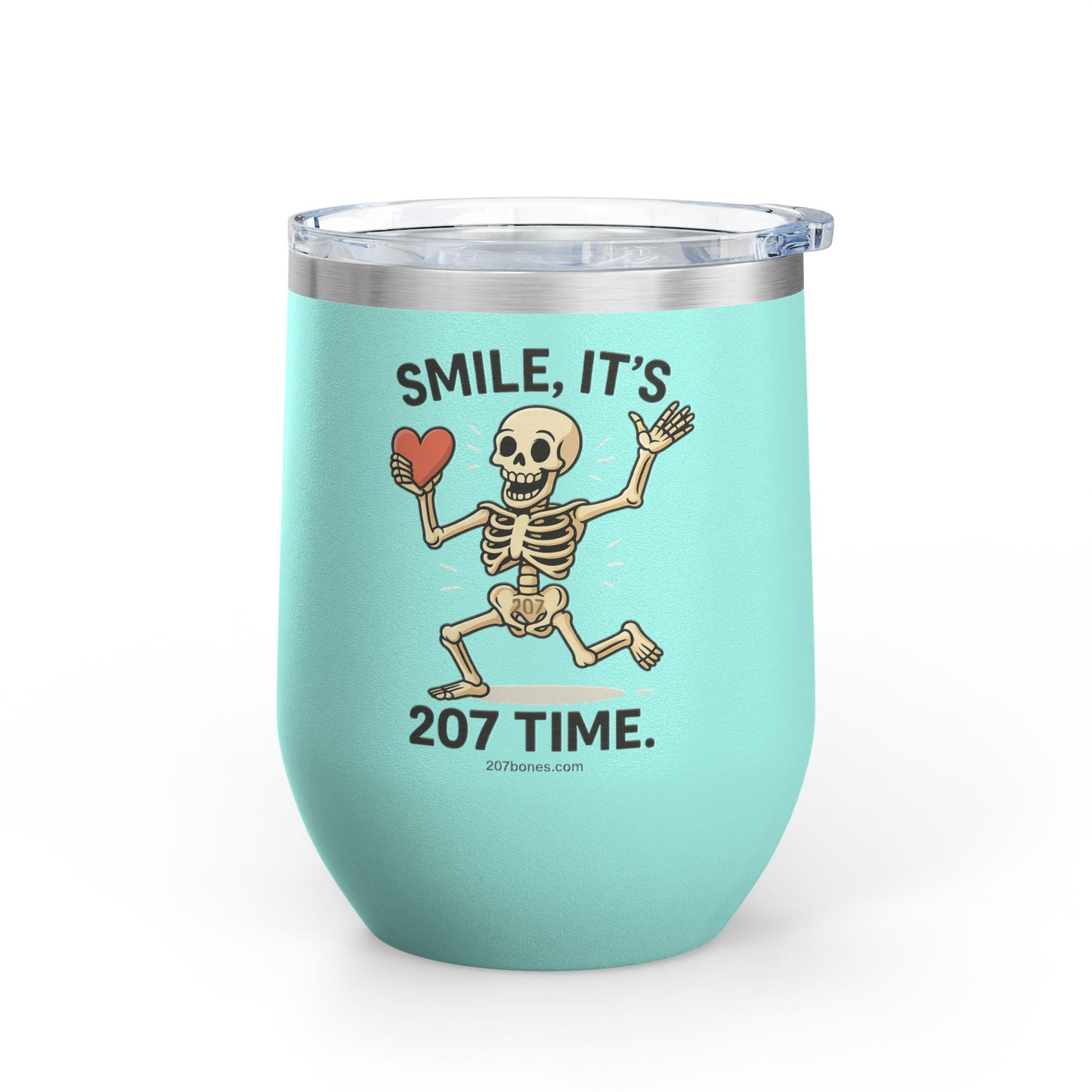 Quirky Wine Tumbler - Smile It's 207 Time, Fun Drinkware, Skeleton Mug, Party Accessory, Gift for Wine Lovers, Halloween Decor
