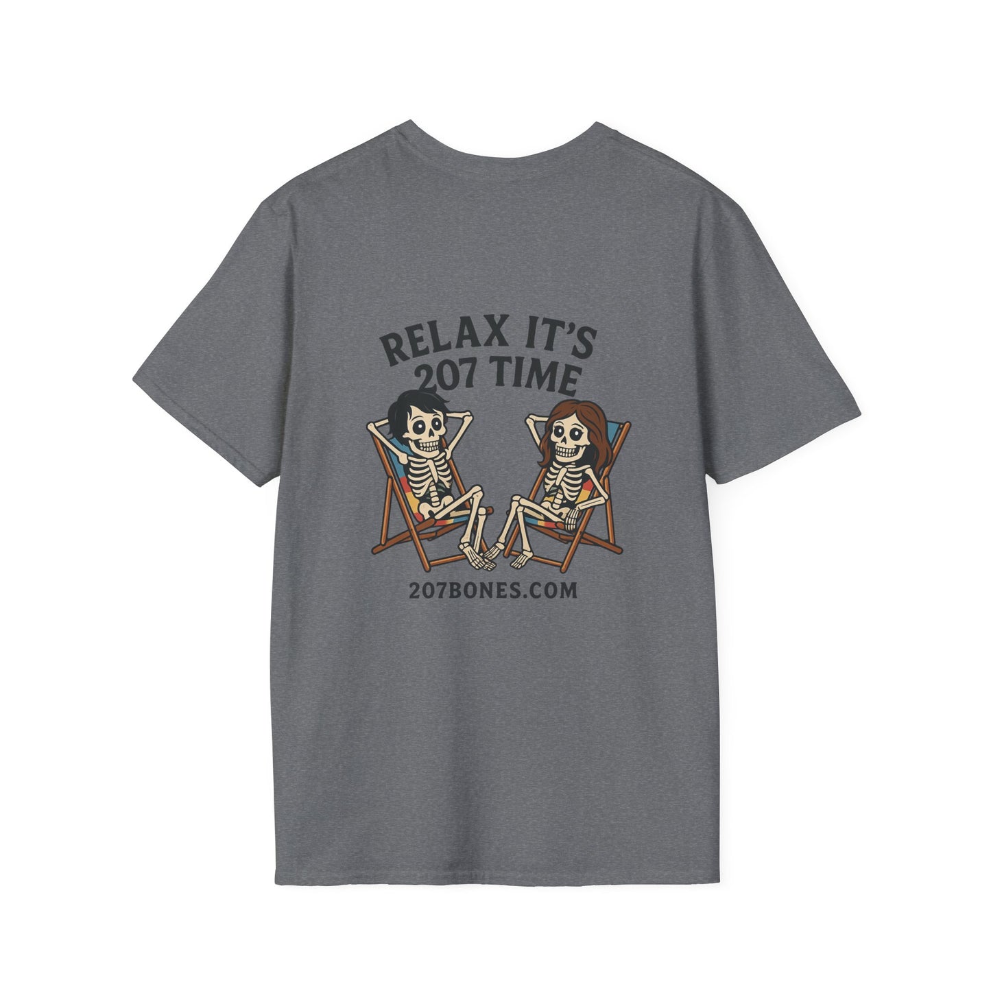 Chill Vibes Unisex T-Shirt - Relax It's 207 Time Design, Skeleton Tee, Casual Everyday Wear, Perfect for Halloween, Gift for Friends