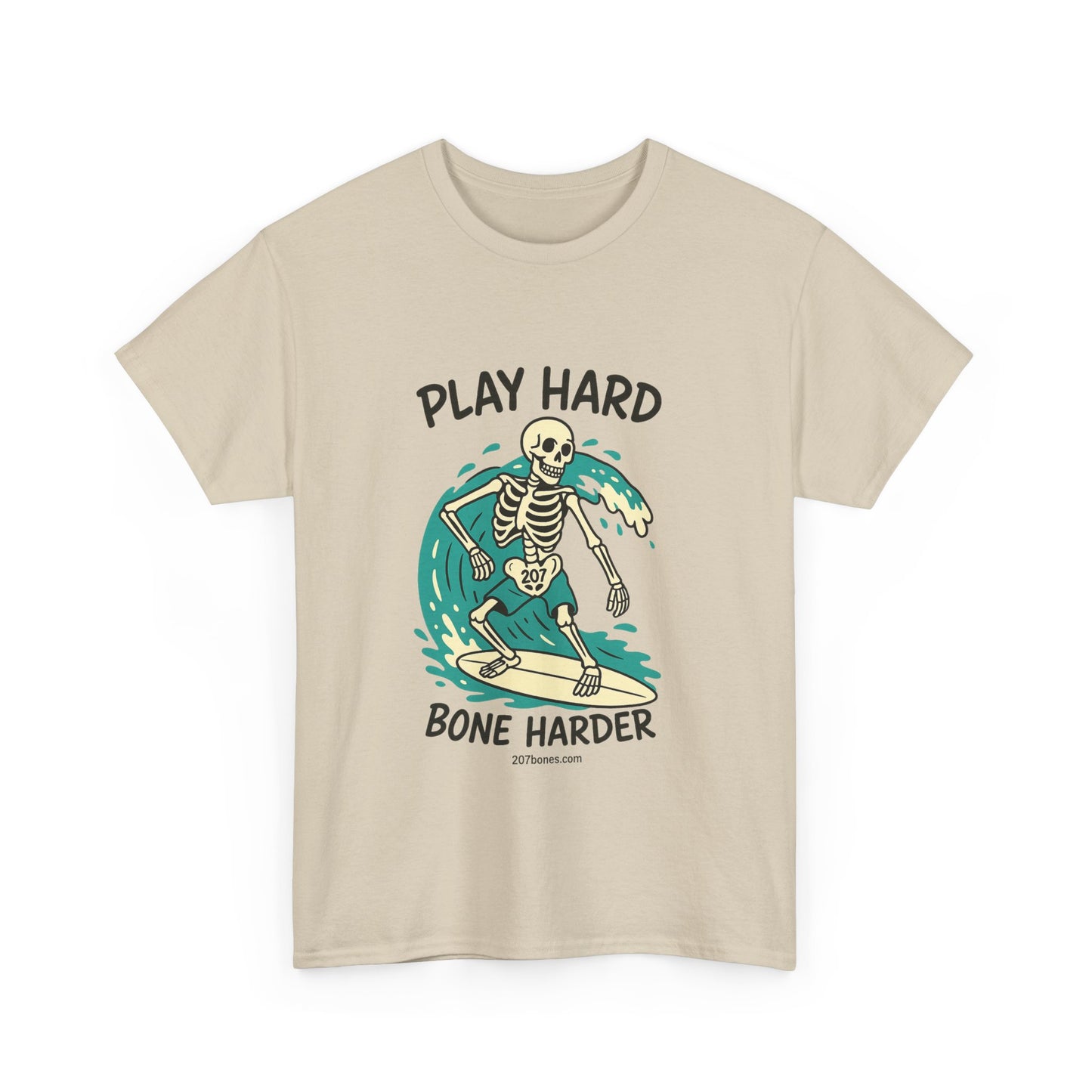 Play Hard Bone Harder Tee | Unisex Cotton T-Shirt, Fun Skeleton Graphic, Casual Wear, Perfect Gift for Halloween, Surf Lovers, Summer Vibe