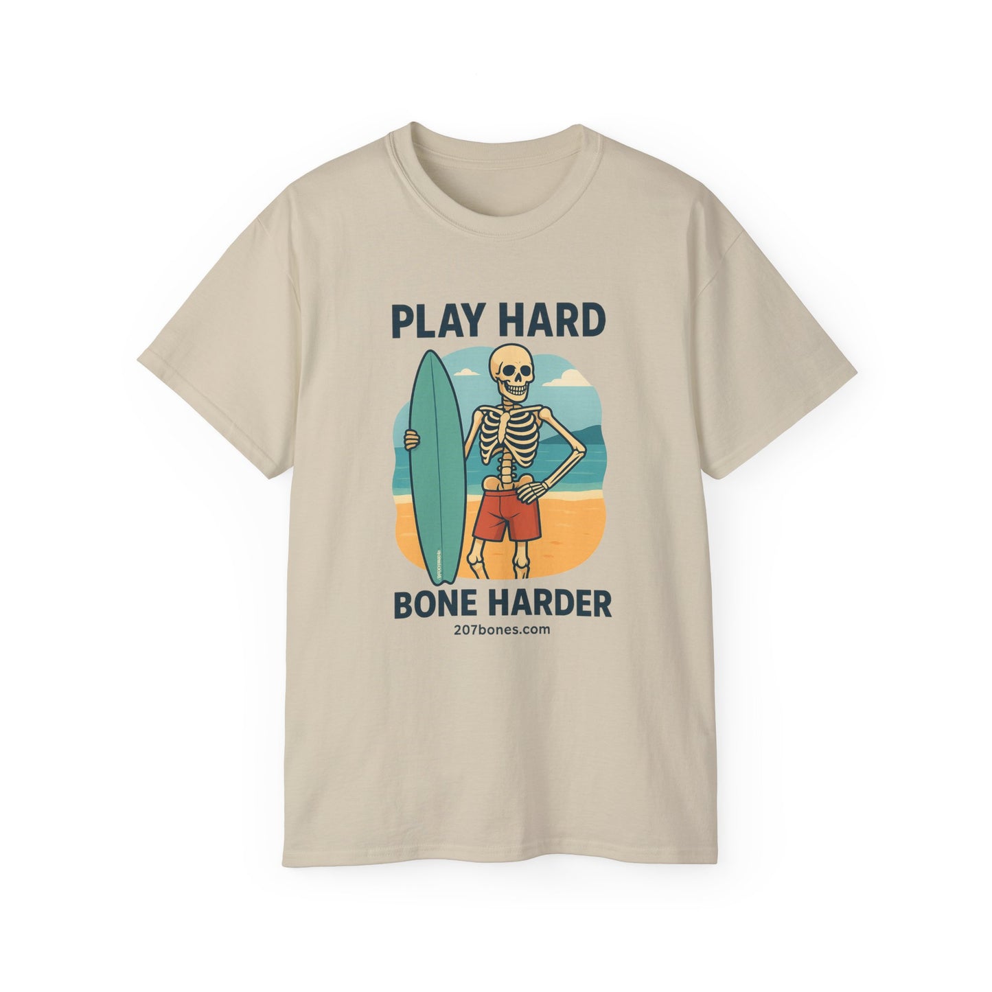 Play Hard Bone Harder Tee, Fun Skeleton Shirt, Summer Vibes Tee, Beach Lover Gift, Halloween Party Tee, Casual Everyday Wear
