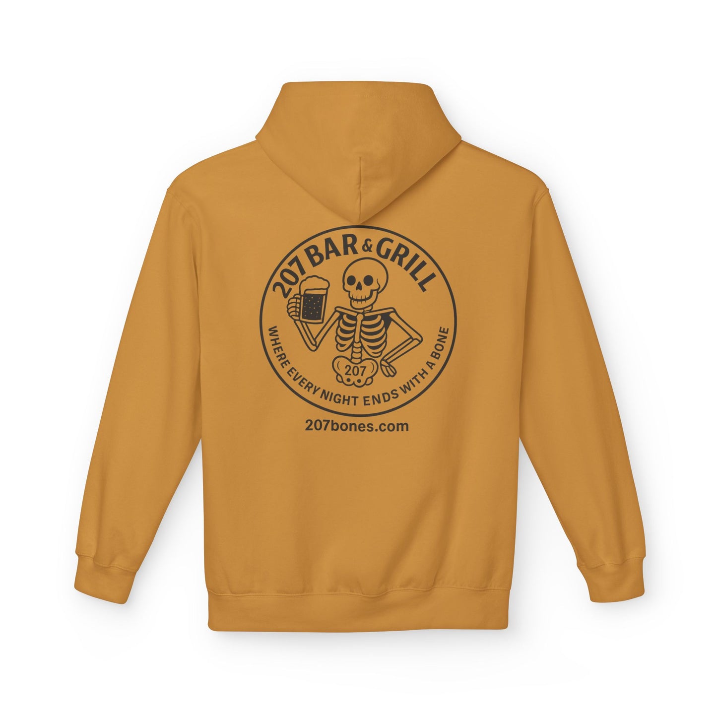 207 Bar & Grill Skeleton Hoodie, Softstyle Midweight Fleece, Unisex Pullover, Fun Gift for Halloween, Cozy Lounge Wear