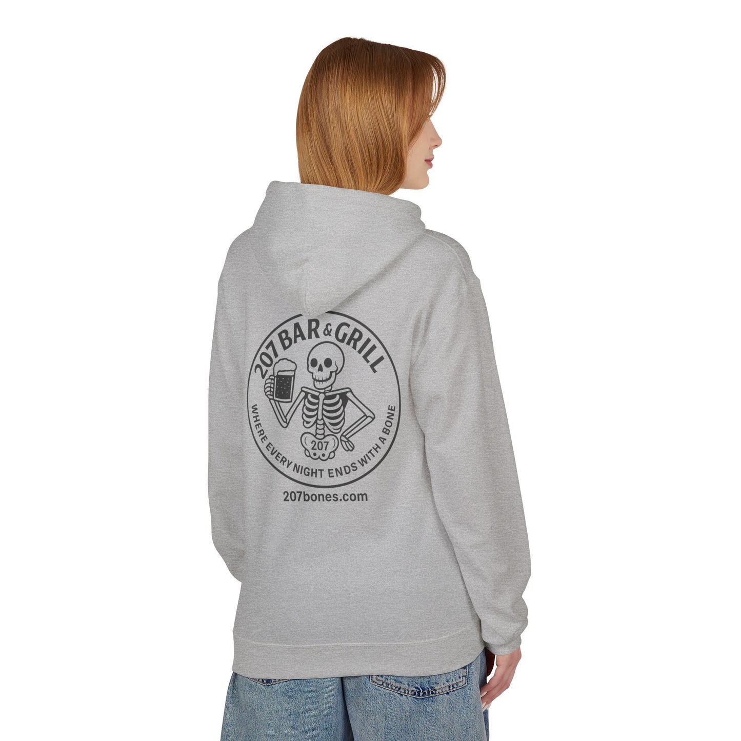 207 Bar & Grill Skeleton Hoodie, Softstyle Midweight Fleece, Unisex Pullover, Fun Gift for Halloween, Cozy Lounge Wear