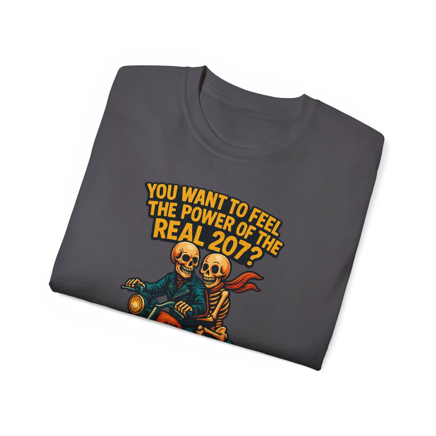 Unisex Motorcycle Theme Tee - Feel the Power Tee, Casual T-Shirt, Halloween Costume Top, Biker Gift, Fun Skull Shirt