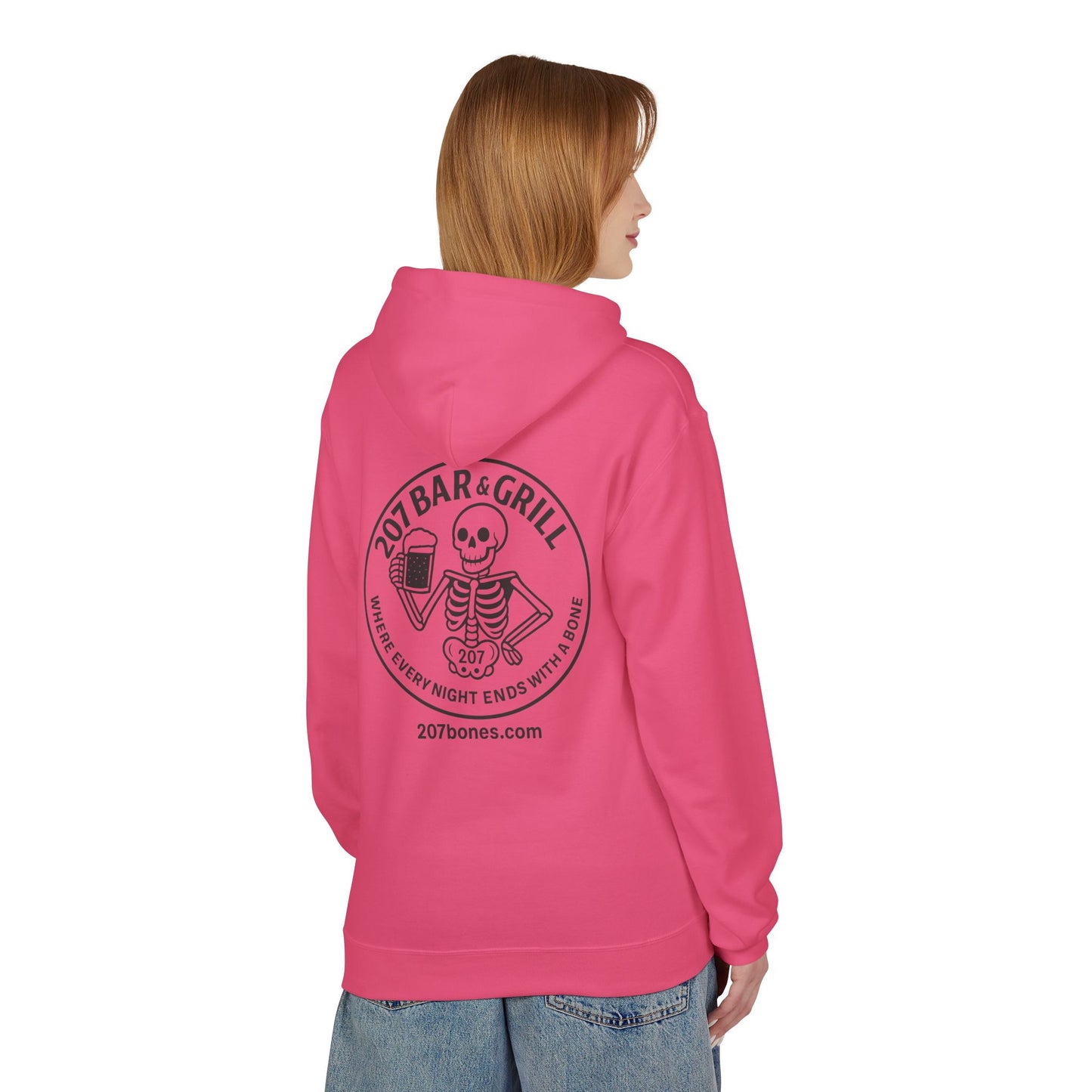 207 Bar & Grill Skeleton Hoodie, Softstyle Midweight Fleece, Unisex Pullover, Fun Gift for Halloween, Cozy Lounge Wear