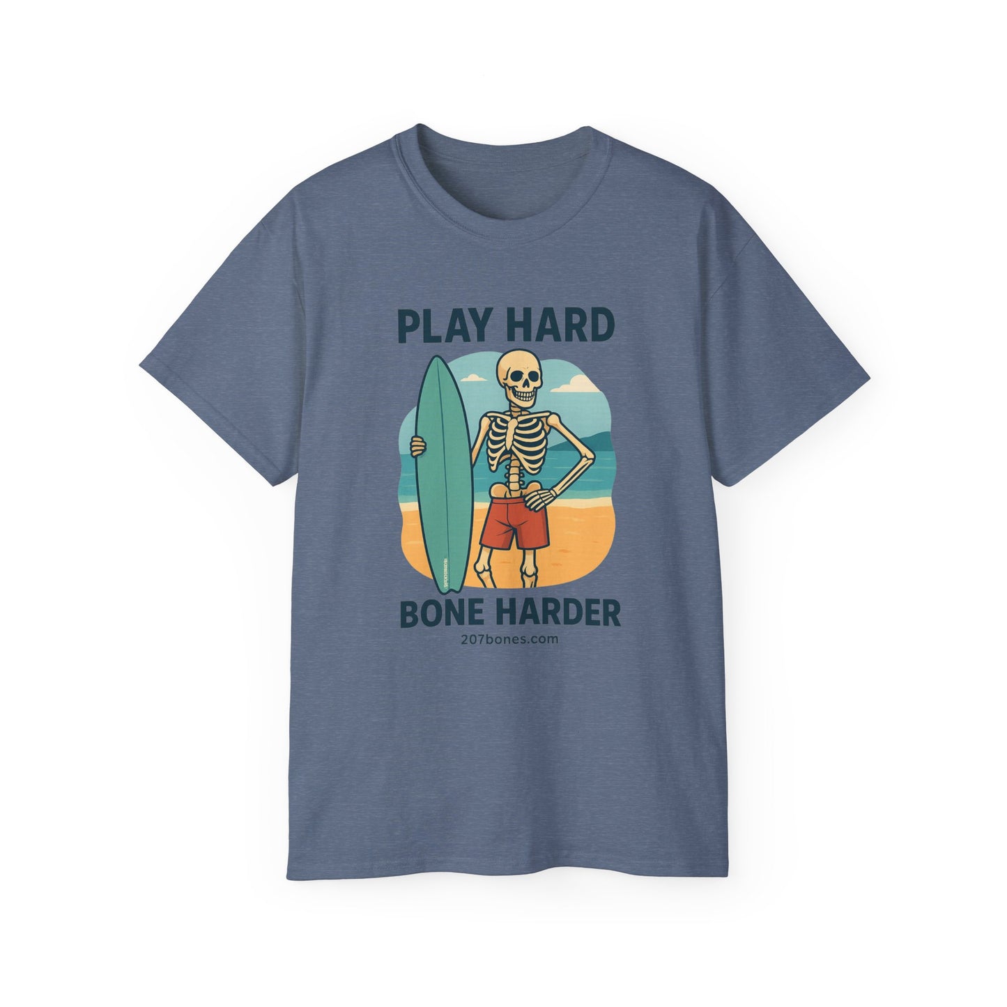 Play Hard Bone Harder Tee, Fun Skeleton Shirt, Summer Vibes Tee, Beach Lover Gift, Halloween Party Tee, Casual Everyday Wear
