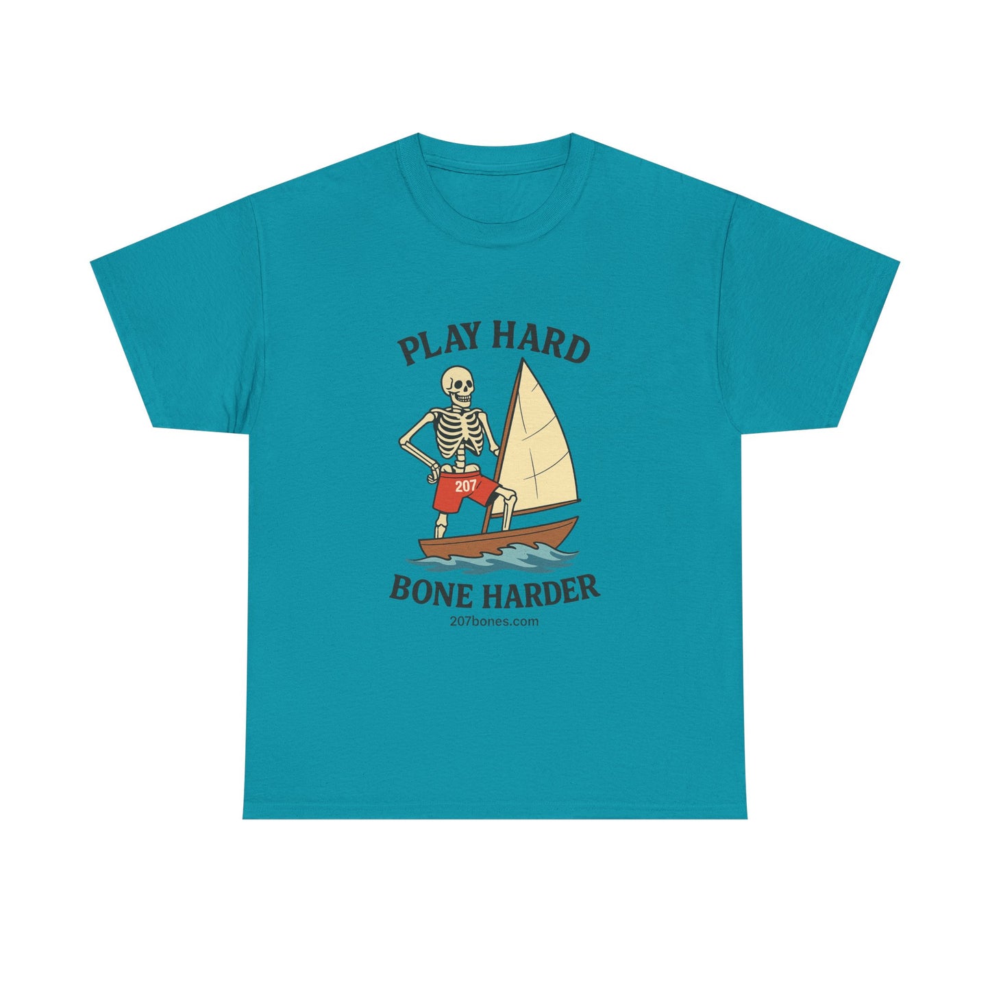 Play Hard Bone Harder Tee, Casual Summer Shirt, Skeleton Graphic T-Shirt, Fun Beachwear, Gift for Halloween, Unisex Cotton Tee