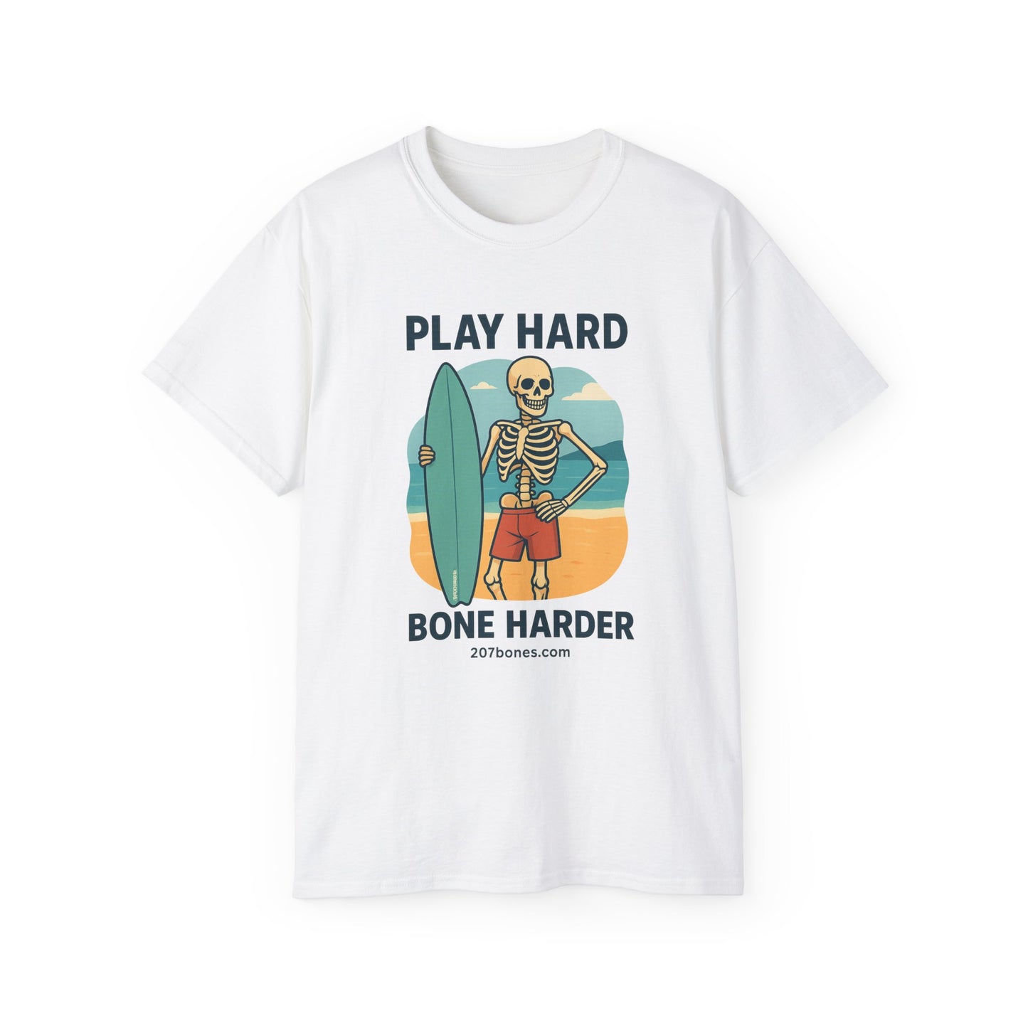 Play Hard Bone Harder Tee, Fun Skeleton Shirt, Summer Vibes Tee, Beach Lover Gift, Halloween Party Tee, Casual Everyday Wear
