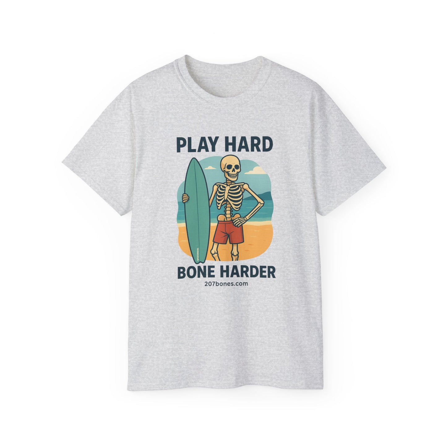Play Hard Bone Harder Tee, Fun Skeleton Shirt, Summer Vibes Tee, Beach Lover Gift, Halloween Party Tee, Casual Everyday Wear