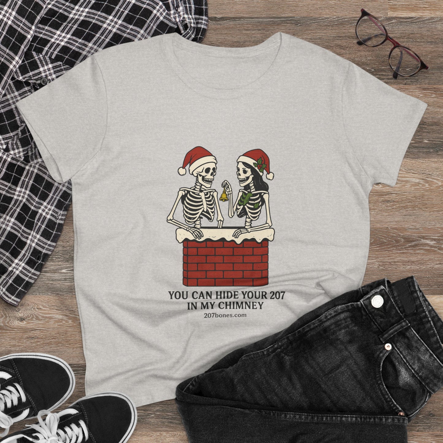 Funny Skeleton Christmas Tee, Holiday Graphic Shirt, Skeleton Shirt, Women's Christmas Top, Quirky Festive Apparel