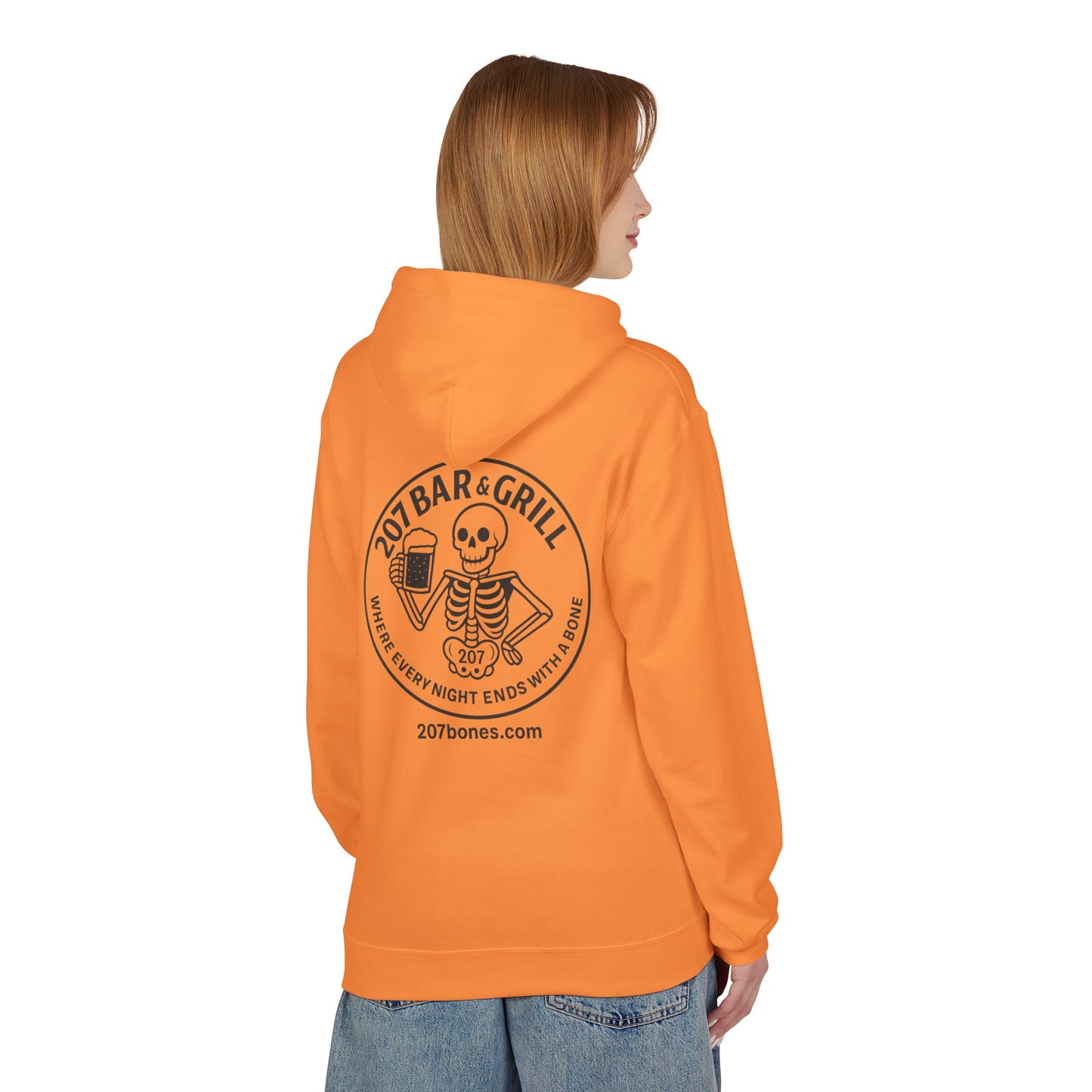 207 Bar & Grill Skeleton Hoodie, Softstyle Midweight Fleece, Unisex Pullover, Fun Gift for Halloween, Cozy Lounge Wear