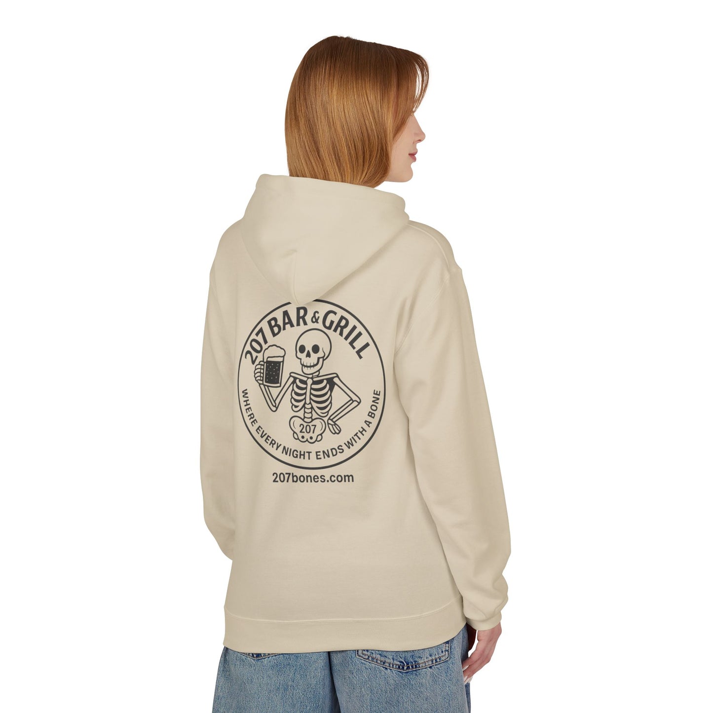 207 Bar & Grill Skeleton Hoodie, Softstyle Midweight Fleece, Unisex Pullover, Fun Gift for Halloween, Cozy Lounge Wear