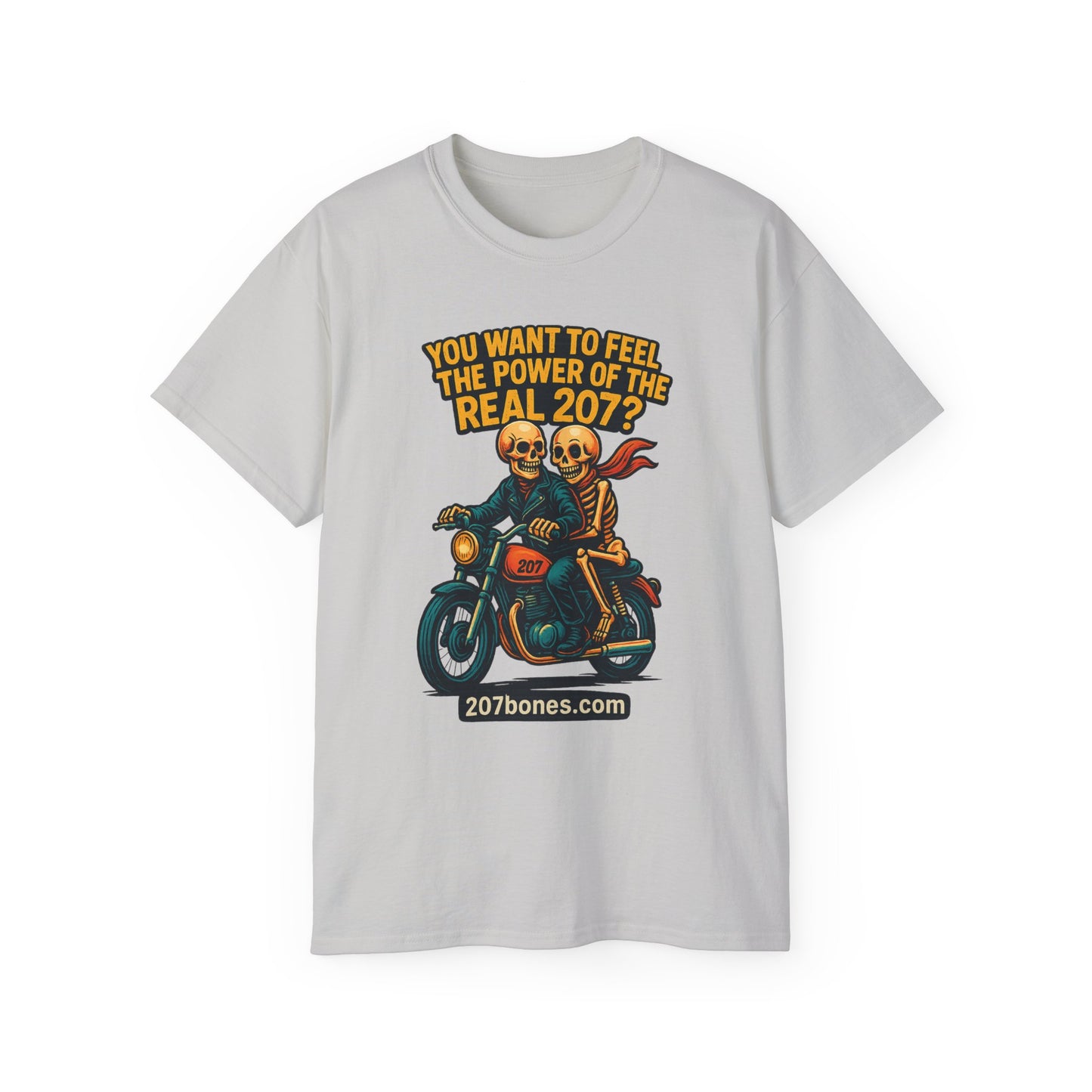 Unisex Motorcycle Theme Tee - Feel the Power Tee, Casual T-Shirt, Halloween Costume Top, Biker Gift, Fun Skull Shirt