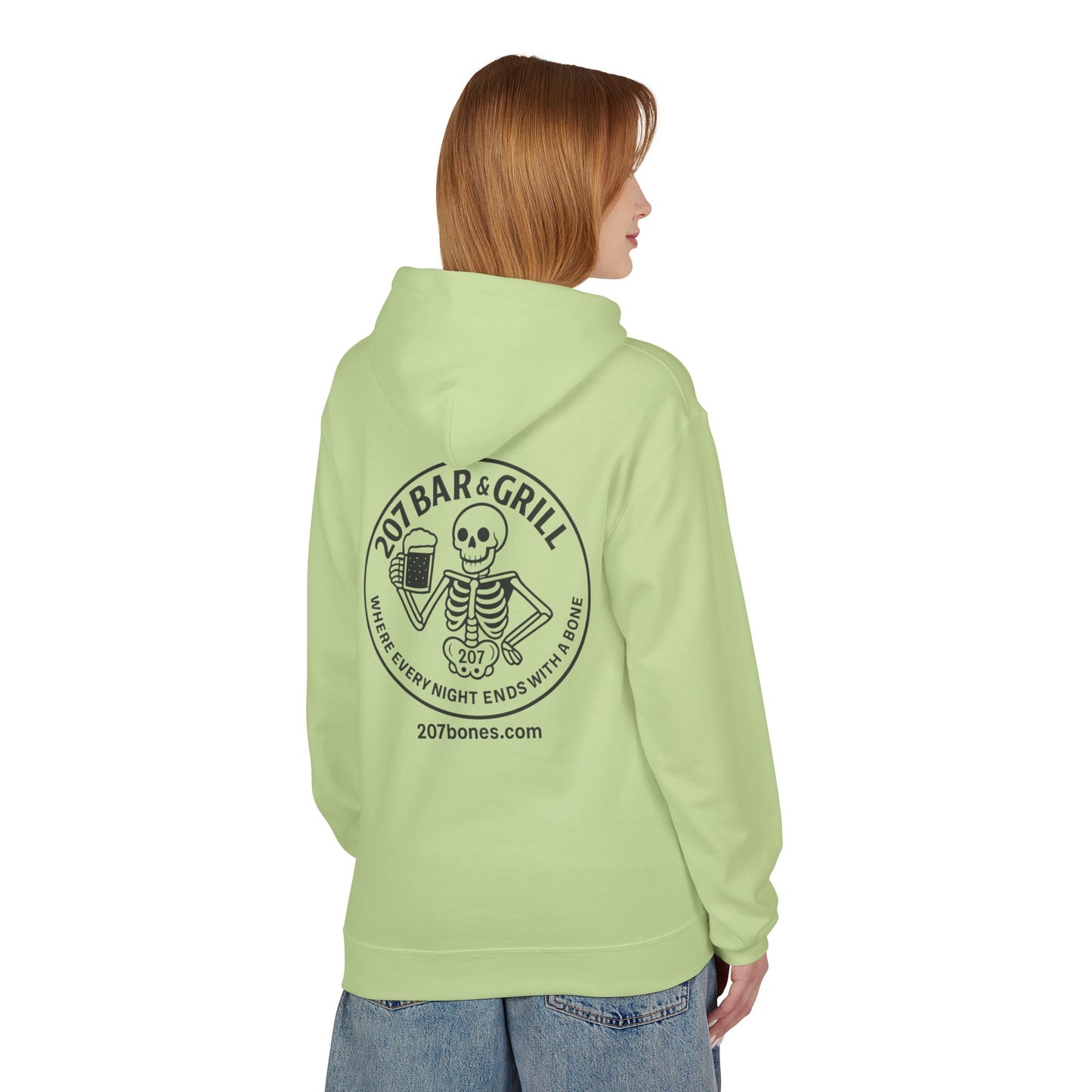 207 Bar & Grill Skeleton Hoodie, Softstyle Midweight Fleece, Unisex Pullover, Fun Gift for Halloween, Cozy Lounge Wear