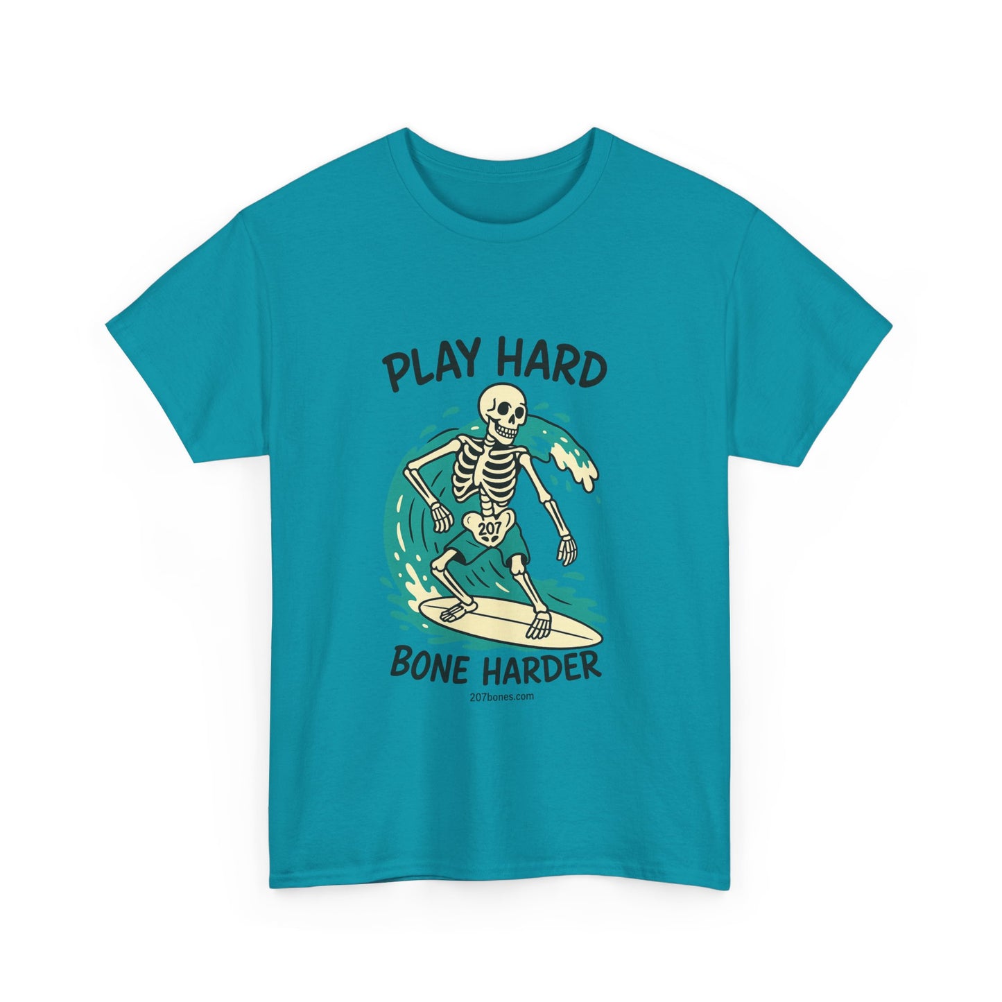 Play Hard Bone Harder Tee | Unisex Cotton T-Shirt, Fun Skeleton Graphic, Casual Wear, Perfect Gift for Halloween, Surf Lovers, Summer Vibe